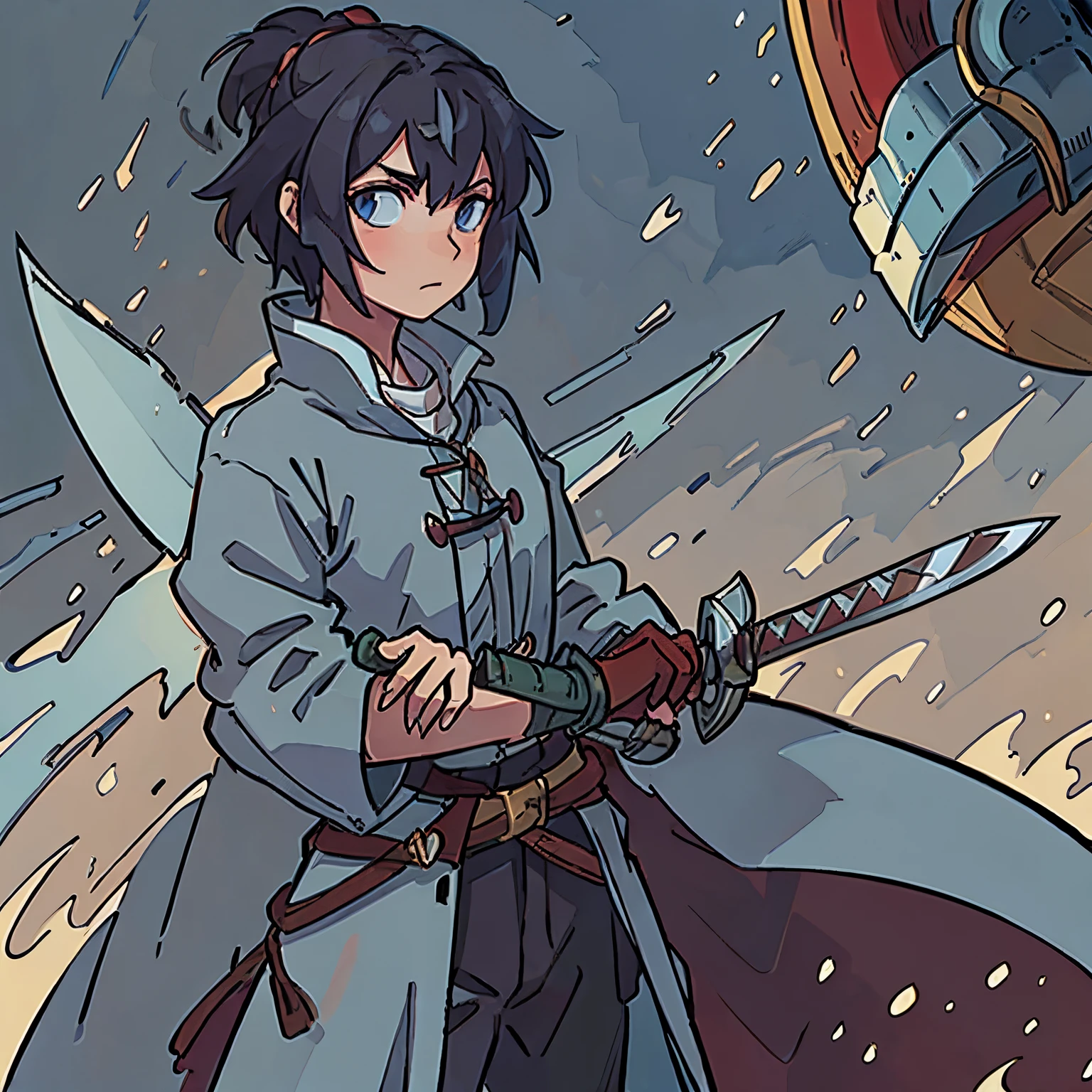 Medieval swordsman who is outfitted with a large sword and tomes in a futuristic world