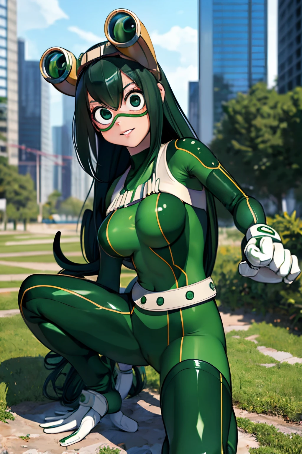 (masterpiece, best quality;1.3), extremely detailed ,ultra detailed, 1girl, solo,  looking at viewer,detailed skin,  crawling, fighting stance,
asui tsuyu, low-tied long hair, :p,white gloves, green bodysuit, hair rings,goggles, city,