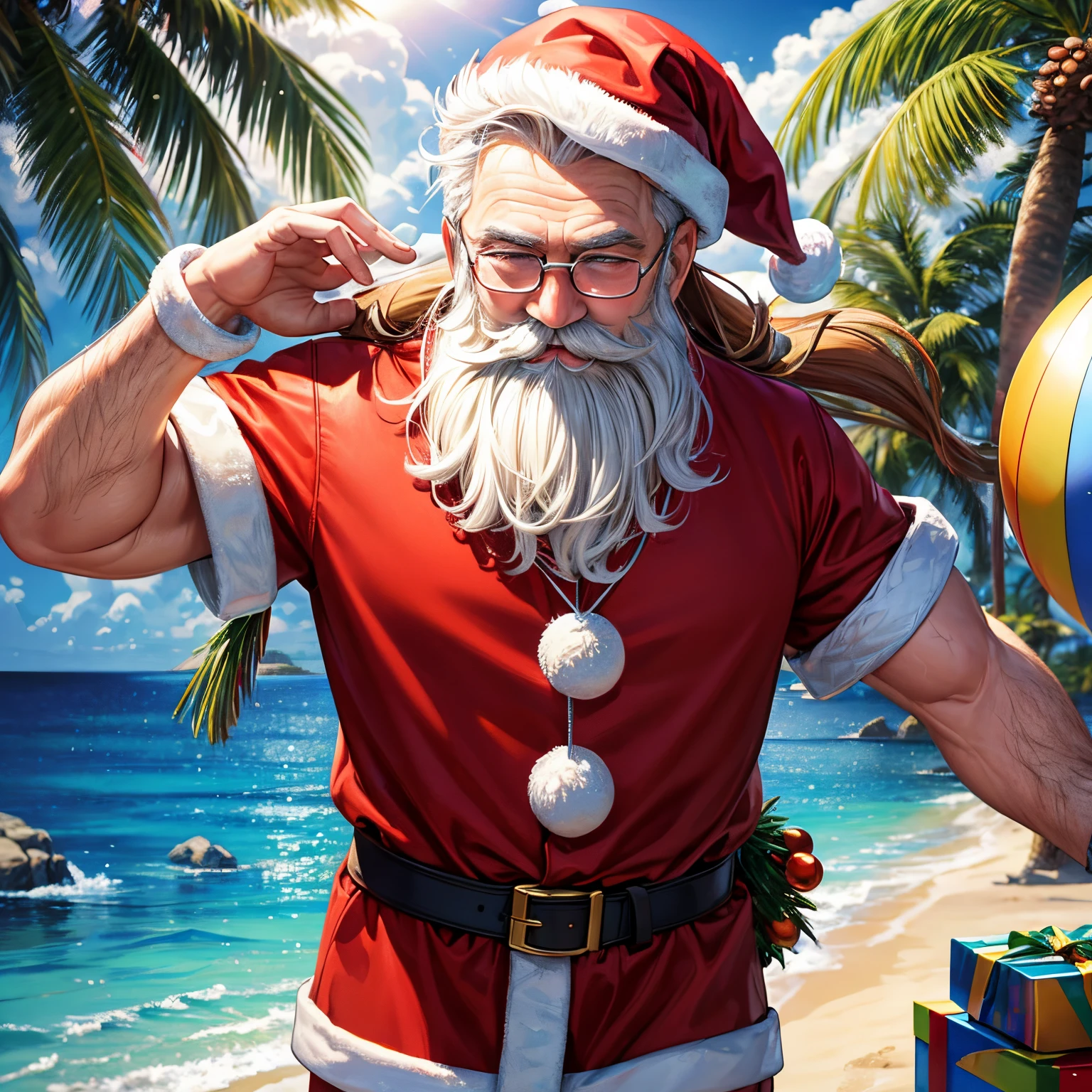 super high quality, 8k, RAW photo, realistic, detailed and delicate depiction and flashy and dynamic painting method, After distributing Christmas presents to children, Santa Claus gathers on a beach on a southern island and has a party, Decorating a Christmas tree on a palm tree, reindeer, sunshine