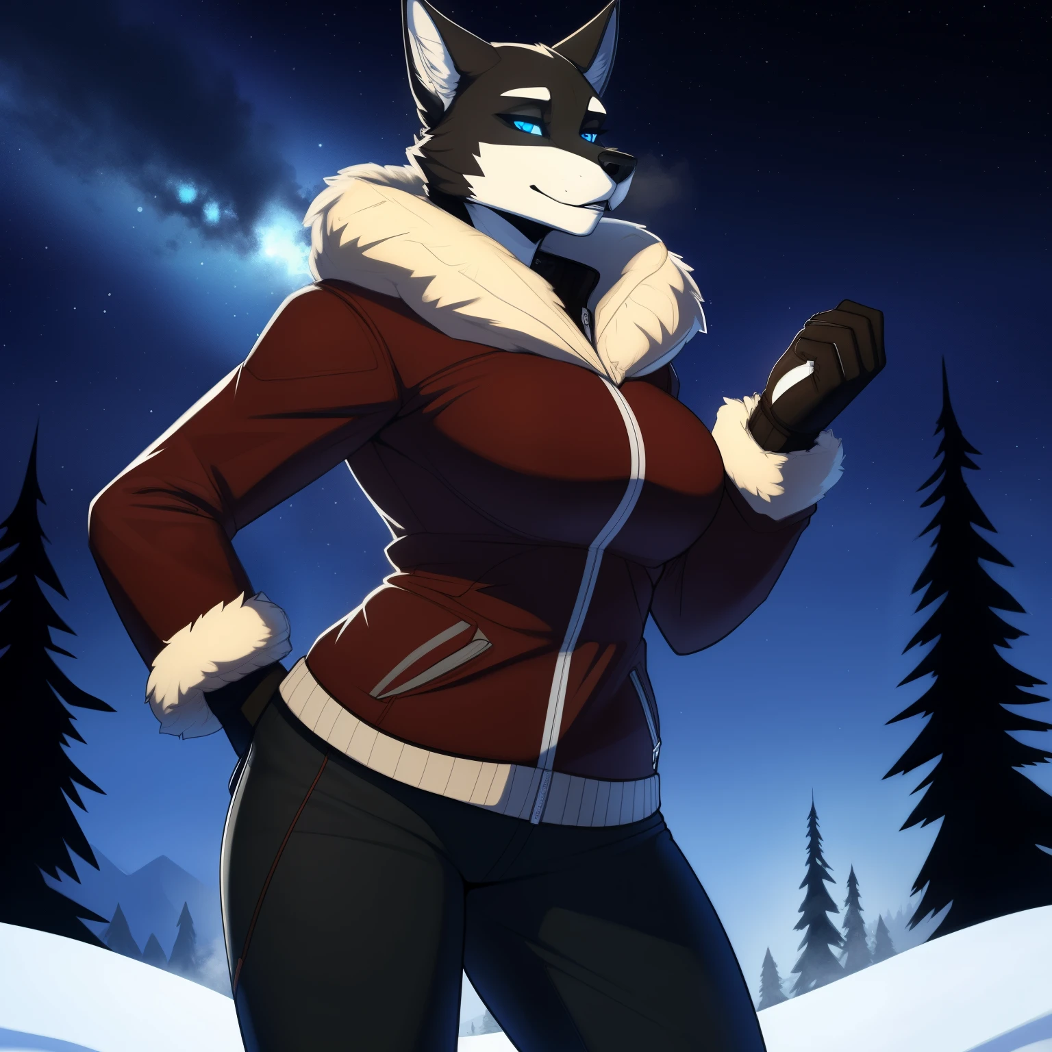 Tall_lanky_muscular_mature_wolf female black_furry_body blue_eyes very_fluffy misty_breath snowy_forest starry_sky solo Masterpiece best_quality absurdres highly_detailed cleanly_drawn_eyes anthro_only by_claweddrip, by_greasymojo, by_underscore-b, by_runawaystride fur_trimmed_winter_jacket snow_pants