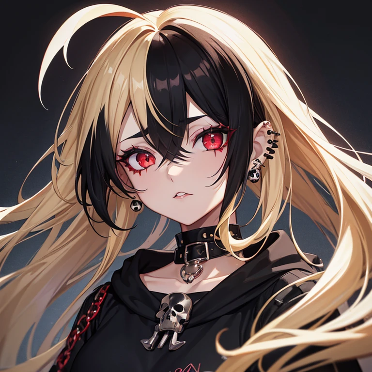 1Girl, Black hair blonde hair, blonde dye, black dye, crimson red eyes, Black choker, Piercing on her nose and ears, black shirt with a skull, Emo, Grunge, two toned, apartment background, Piercing on Lip