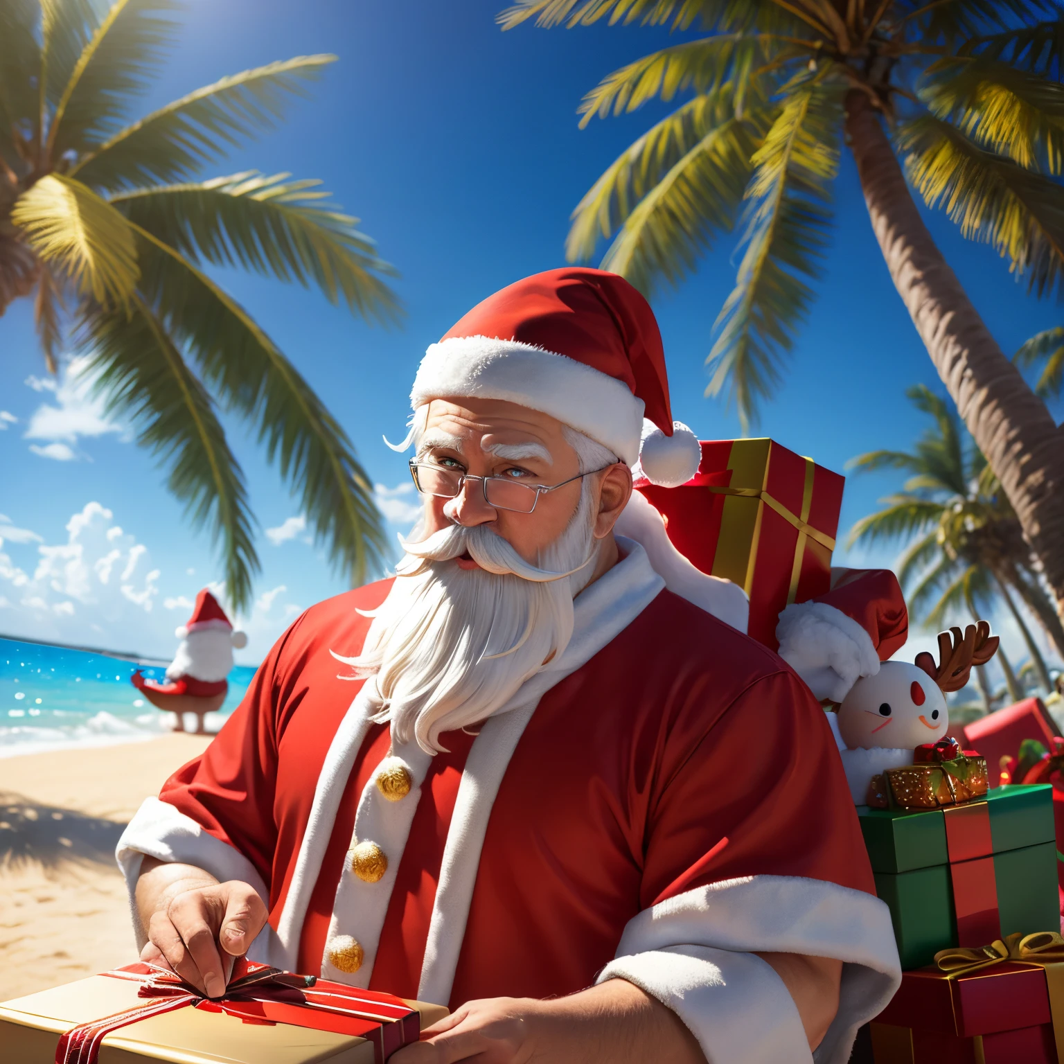 super high quality, 8k, RAW photo, realistic, detailed and delicate depiction and flashy and dynamic painting method, After distributing Christmas presents to children, Santa Claus gathers on a beach on a southern island and has a party, Decorating a Christmas tree on a palm tree, reindeer, sunshine