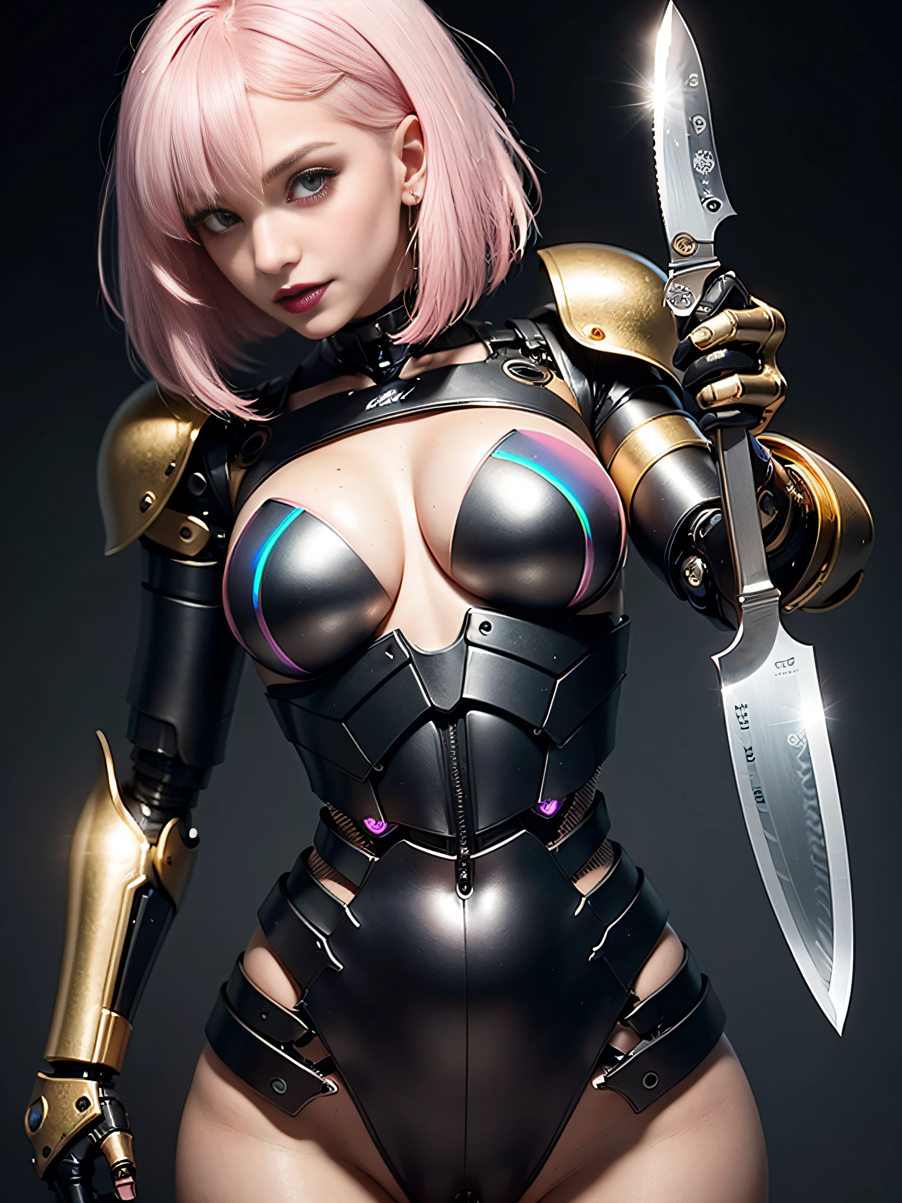 ((best quality: 1.5)) ((masterpiece: 0.8)), intricate details, sharp focus, professional, photorealistic, real life, realistic representation of the face, ((((solo, 1girl) athletic assassin, (suntanned, mischievous expression, black lipstick, (mechanical arm, cyborg))))), bright glow, dynamic pose, gorgeous perfect face, in the style of realistic and hyper detailed renderings, zbrush, hyper realistic oil, contoured shading, dark room, dark background, black background, solo, BREAK; BREAK ((((smirking, ((pink bob hair, thin hips, skinny)))))), (freckles: 0.7), ((body tattoo: 1.0)), ((fujicolor)), BREAK; BREAK ((((futuristic (gold matte black armor bladed, (iridescent knife blade)), (underboob, (pretty vagina))), photorealistic, hyper-realistic))) BREAK; BREAK (((breast size: 0.6)))