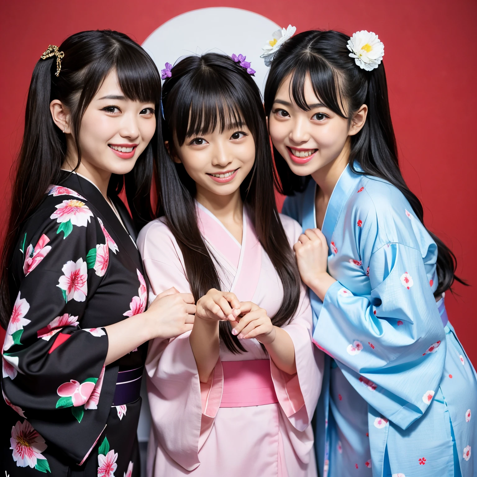 Best-quality, Masterpiece, Ultra-High-Resolution, (Photorealistic:1.4), Raw-Photo, Extremely-Details, Perfect-Anatomy, 

in Japanese-style room, detailed Japanese-style room, 

3girls, all teenagers, all members of the most popular Japanese idol groups, having a lot of fun at home drinking parties, (((all completely drunk and high on illegal drugs, all laughing out loud))), 

all wearing Japanese KIMONO with cute design, detailed Japanese KIMONO with cute design, 

all extremely cute faces like a popular Japanese idol, all extremely beautiful big black solid circle eyes, all extremely beautiful colorful hair, all extremely beautiful realistic skins, 

detailed cute faces, detailed beautiful big black solid circle eyes, detailed beautiful colorful hair, detailed beautiful realistic skins