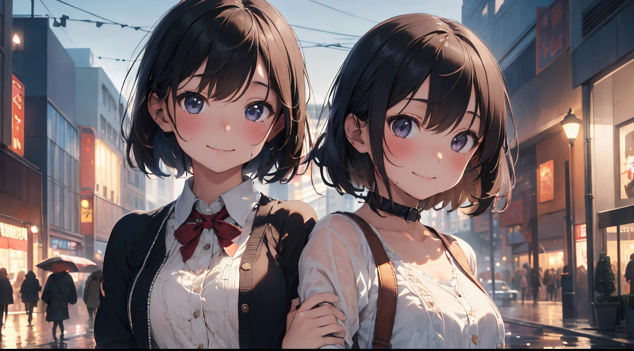 (8k, top quality, masterpiece: 1.2), (realistic, photorealistic: 1.37), super detailed, girl 1 person, , solo, small breasts, beautiful detailed sky, Detailed mall, night, (blush), (smile: 1.15), (closed mouth), small, (shirt with collar: 1.1), night, wet, Floral Dress with Cardigan, rain, white lace, (short hair: 1.2), floating hair NovaFrogStyle,