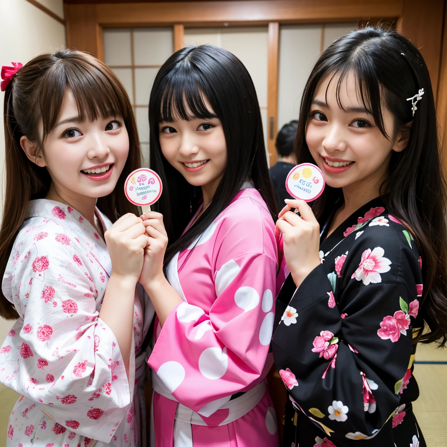 Best-quality, Masterpiece, Ultra-High-Resolution, (Photorealistic:1.4), Raw-Photo, Extremely-Details, Perfect-Anatomy, 

in Japanese-style room, detailed Japanese-style room, 

3girls, all teenagers, all members of the most popular Japanese idol groups, having a lot of fun at home drinking parties, (((all completely drunk and high on illegal drugs, all laughing out loud))), 

all wearing Japanese KIMONO with cute design, detailed Japanese KIMONO with cute design, 

all extremely cute faces like a popular Japanese idol, all extremely beautiful big black solid circle eyes, all extremely beautiful colorful hair, all extremely beautiful realistic skins, 

detailed cute faces, detailed beautiful big black solid circle eyes, detailed beautiful colorful hair, detailed beautiful realistic skins