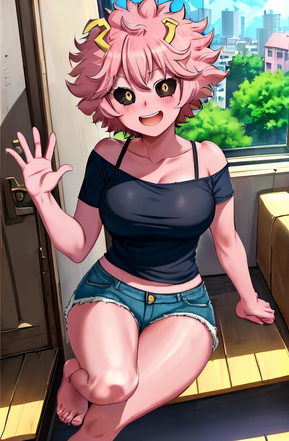 [Mina Ashido], [boku no hero academia], ((masutepiece)), ((solo portrait)), ((Bird's-eye view)), ((feet visible)), ((Cute)), ((High Definition)), ((Anime)), ((Kohei Horikoshi)), ((Detailed shading)), ((Ashido with intricate details; (Pink skin), Big round black eyes, yellow pupils, Curly pink hair, short eyelashes, large boob, beautiful legitimate smile), (Mouth open), (Blushing)}, {(Pink off-the-shoulder t-shirt), denim short shorts, (slightly muscular legs)}, {(waving at viewer), (Looking at Viewer)}, [Background; (livingroom), (window), (Sun rays)]