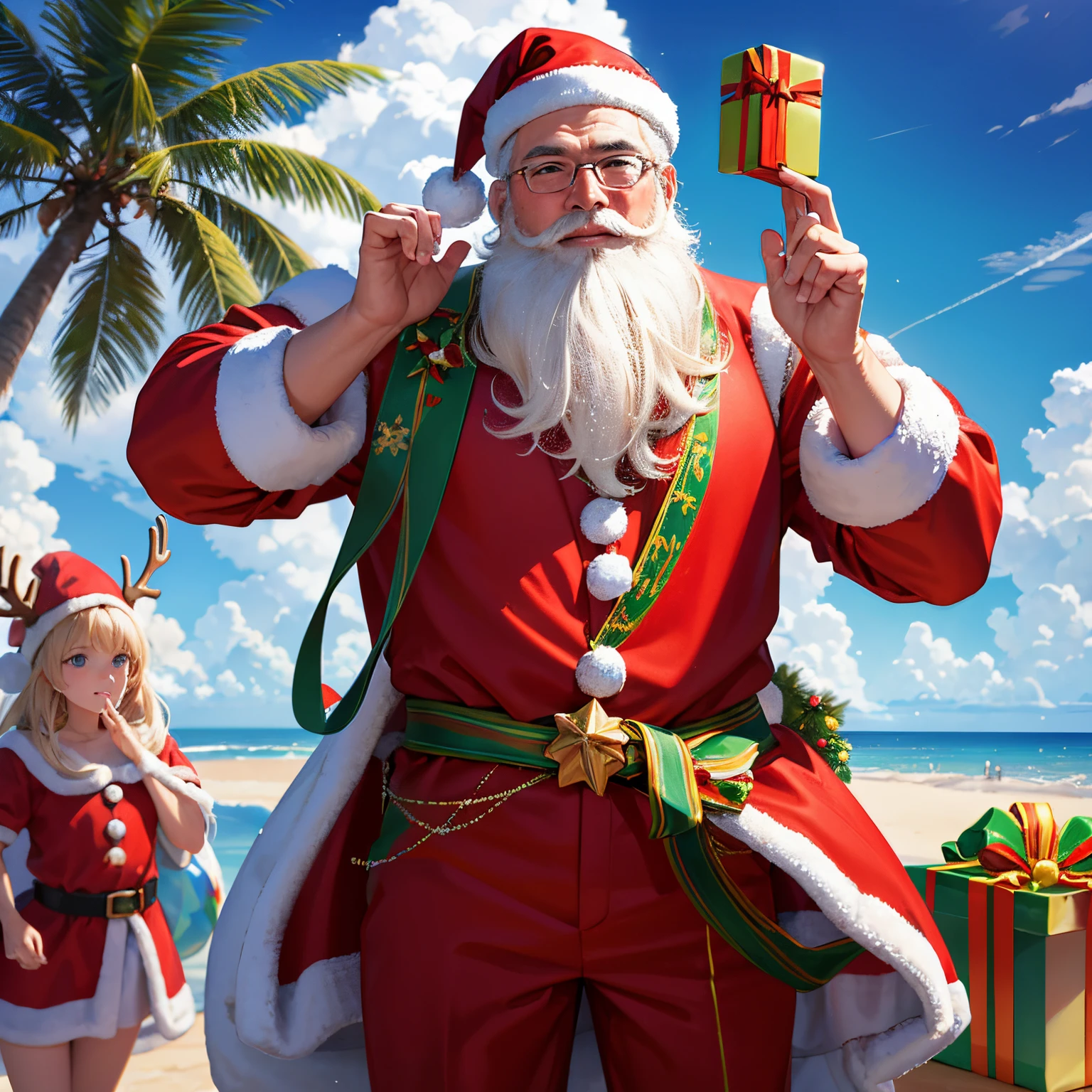 super high quality, 8k, RAW photo, realistic, detailed and delicate depiction and flashy and dynamic painting method, After distributing Christmas presents to children, Santa Claus gathers on a beach on a southern island and has a party, Decorating a Christmas tree on a palm tree, reindeer, sunshine