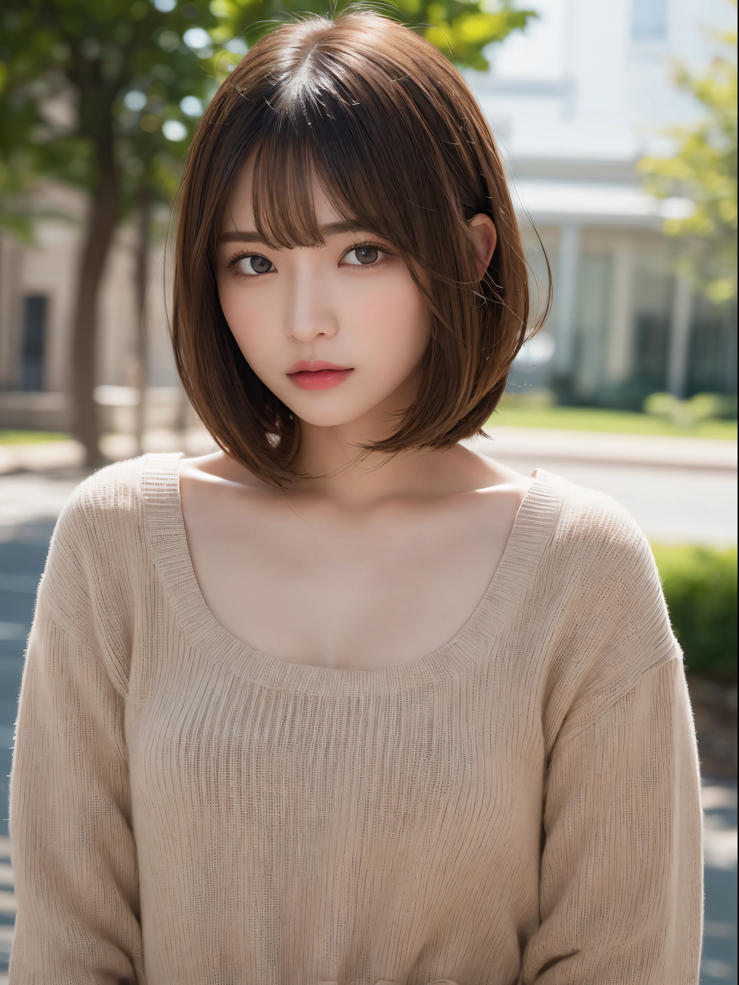 ((NSFW))、(masterpiece:1.5)、(8K)、(Photorealsitic:1.5)、Raw photography、(Top image quality:1.4)、(foco nítido:1.5)、 top-quality、masterpiece、超A high resolution、Perfect dynamic composition、 20 years old、slender、prety woman:1.4、serious facial expression、 she is wearing a red long sleeve knit dress..、 light brown hair、bob cuts、Glowing hair、 Super Detail Face、A detailed eye、二重まぶた、 Natural Color Lip、Transparent skin、