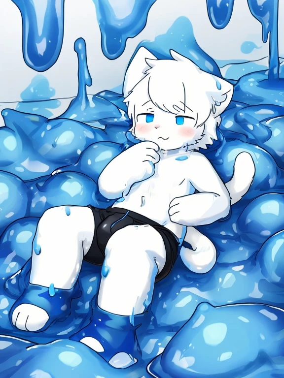 A male white cat wearing black boxers，in blue slime，White cat covered in mucus，white cat'Thighs covered with mucus，slimes，white cat'mouth full of mucus，