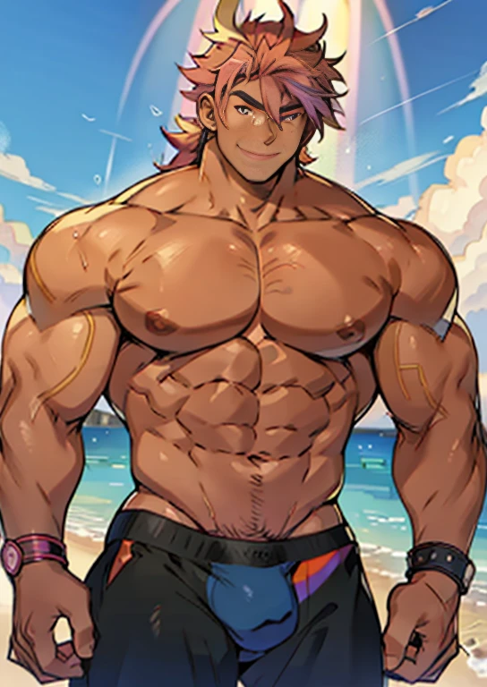((Anime style art)), Extremely muscular masculine character, tan skin, rainbow hair, erotic, 8 pack abs, huge bulge, smirk,!