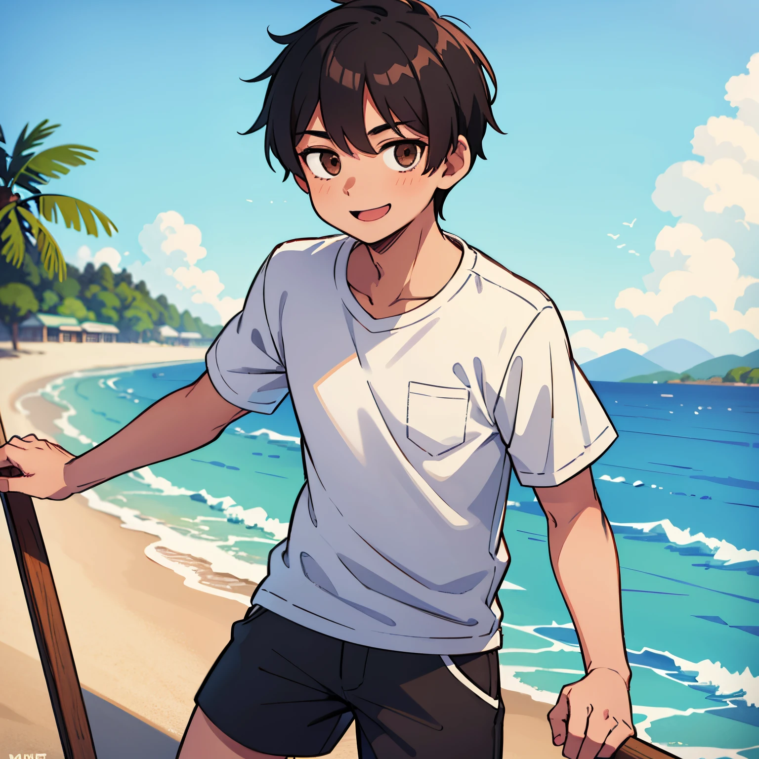 18 year old man with black hair and brown eyes, he wearing a white beach shirt, he smiling, very detailed
