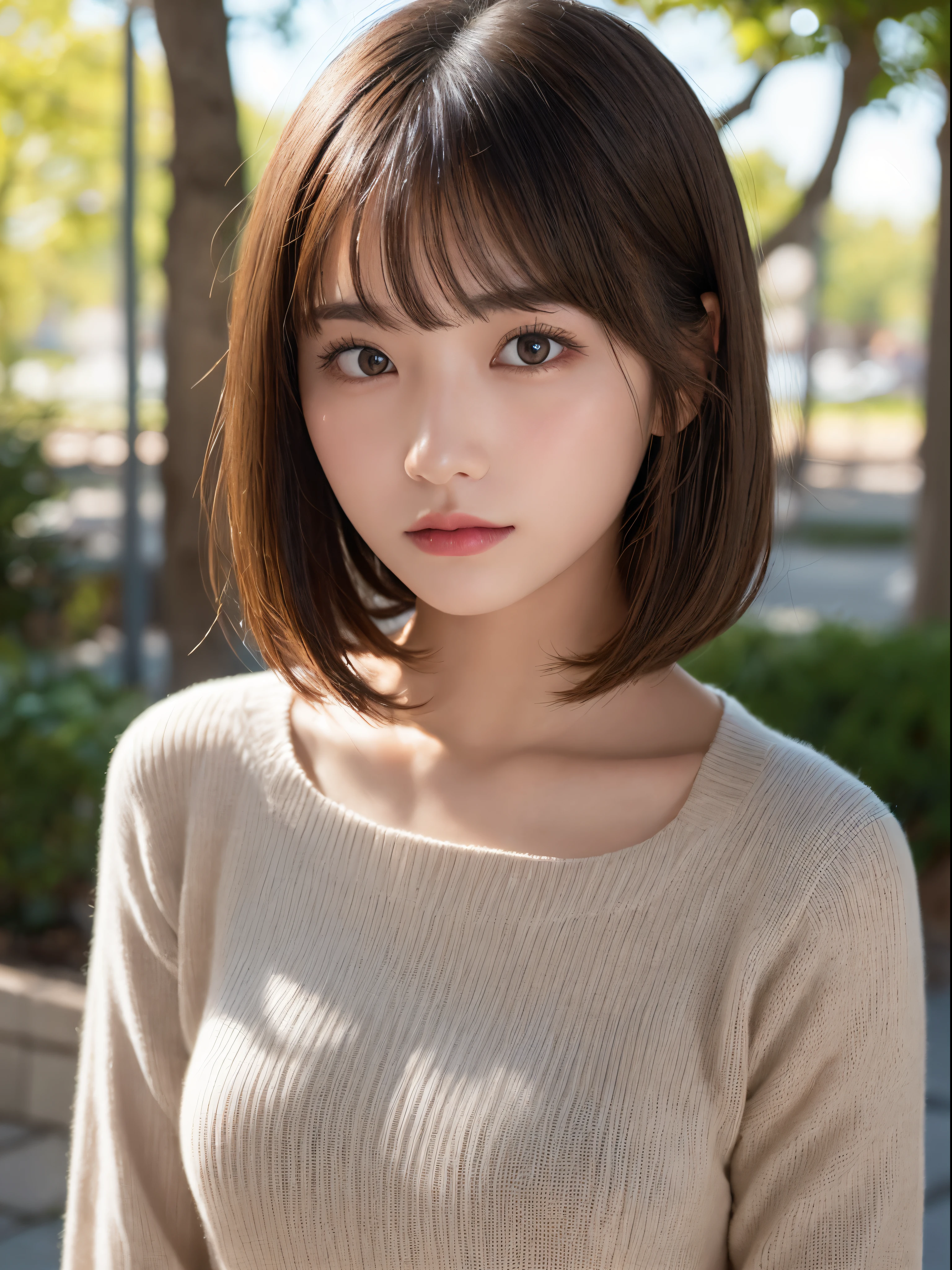 ((NSFW))、(masterpiece:1.5)、(8K)、(Photorealsitic:1.5)、Raw photography、(Top image quality:1.4)、(foco nítido:1.5)、 top-quality、masterpiece、超A high resolution、Perfect dynamic composition、 20 years old、slender、prety woman:1.4、serious facial expression、 she is wearing a red long sleeve knit dress..、 light brown hair、bob cuts、Glowing hair、 Super Detail Face、A detailed eye、二重まぶた、 Natural Color Lip、Transparent skin、