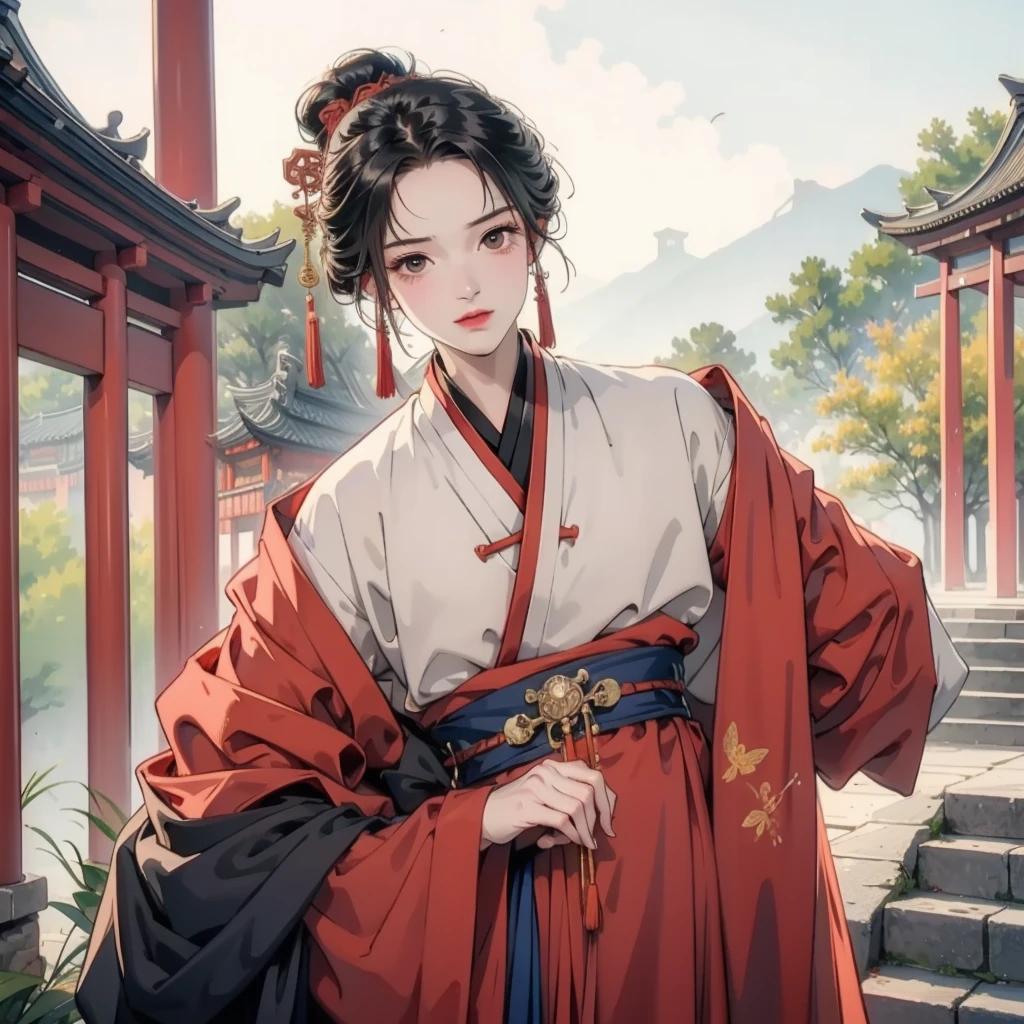 Black hair, Brown eyes, shairband, ribbons, Gold beaded erfly hairpin，With the clouds，Red Belt, Blue Hanfu,, Horse face skirt，Tuan fan, Fan in hand, BREAK outdoors, a temple background, China-style，BREAK looking at viewer, BREAK BREAK BREAK (tmasterpiece:1.2), Best quality at best, A high resolution, Unity8k wallpapers, (illustratio:0.8), (美丽细致的眼睛:1.6), Extremely detailed face, perfect litthing, extremely higly detailed, (Perfect hands, perfect anatomia),