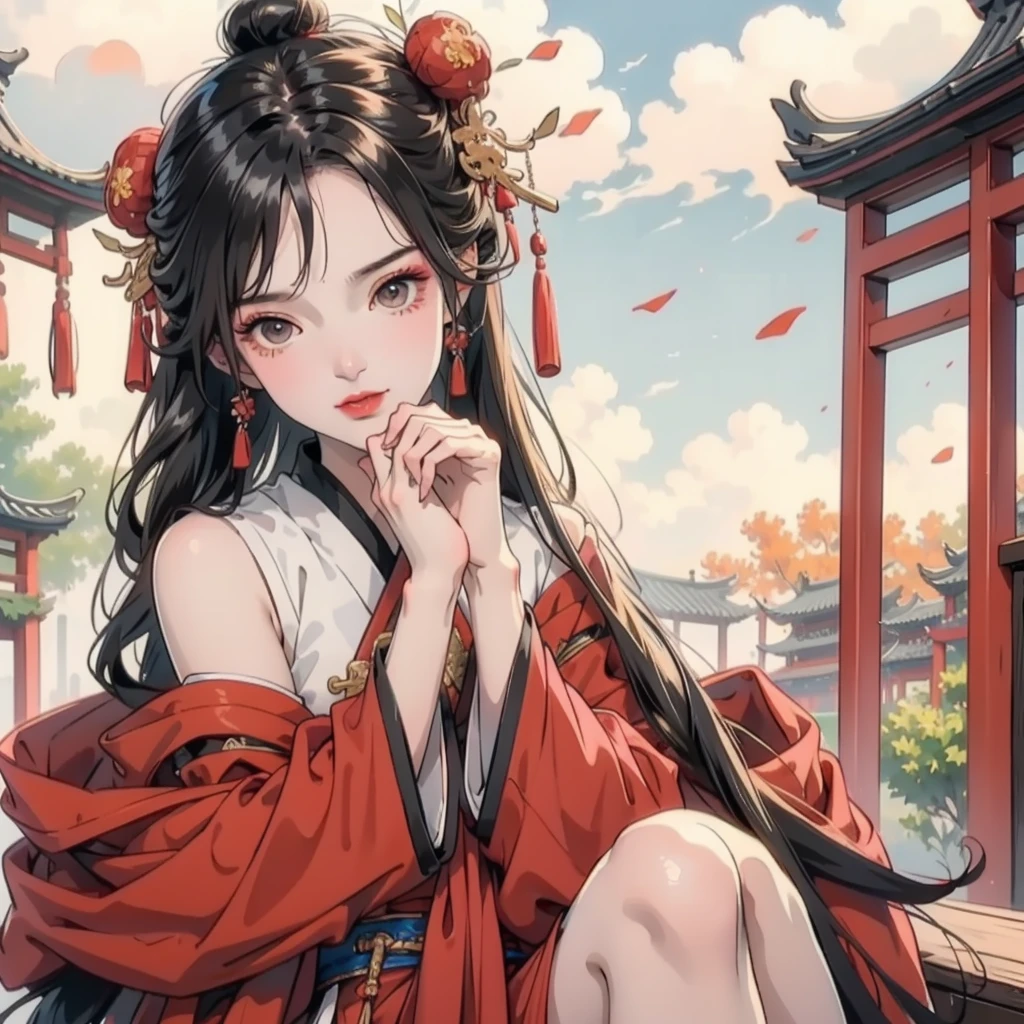 Black hair, Brown eyes, shairband, ribbons, Gold beaded butterfly hairpin，With the clouds，Red Belt, Blue Hanfu,, Horse face skirt，Tuan fan, Fan in hand, BREAK outdoors, a temple background, China-style，BREAK looking at viewer, BREAK BREAK BREAK (tmasterpiece:1.2), Best quality at best, A high resolution, Unity8k wallpapers, (illustratio:0.8), (美丽细致的眼睛:1.6), Extremely detailed face, perfect litthing, extremely higly detailed, (Perfect hands, perfect anatomia),