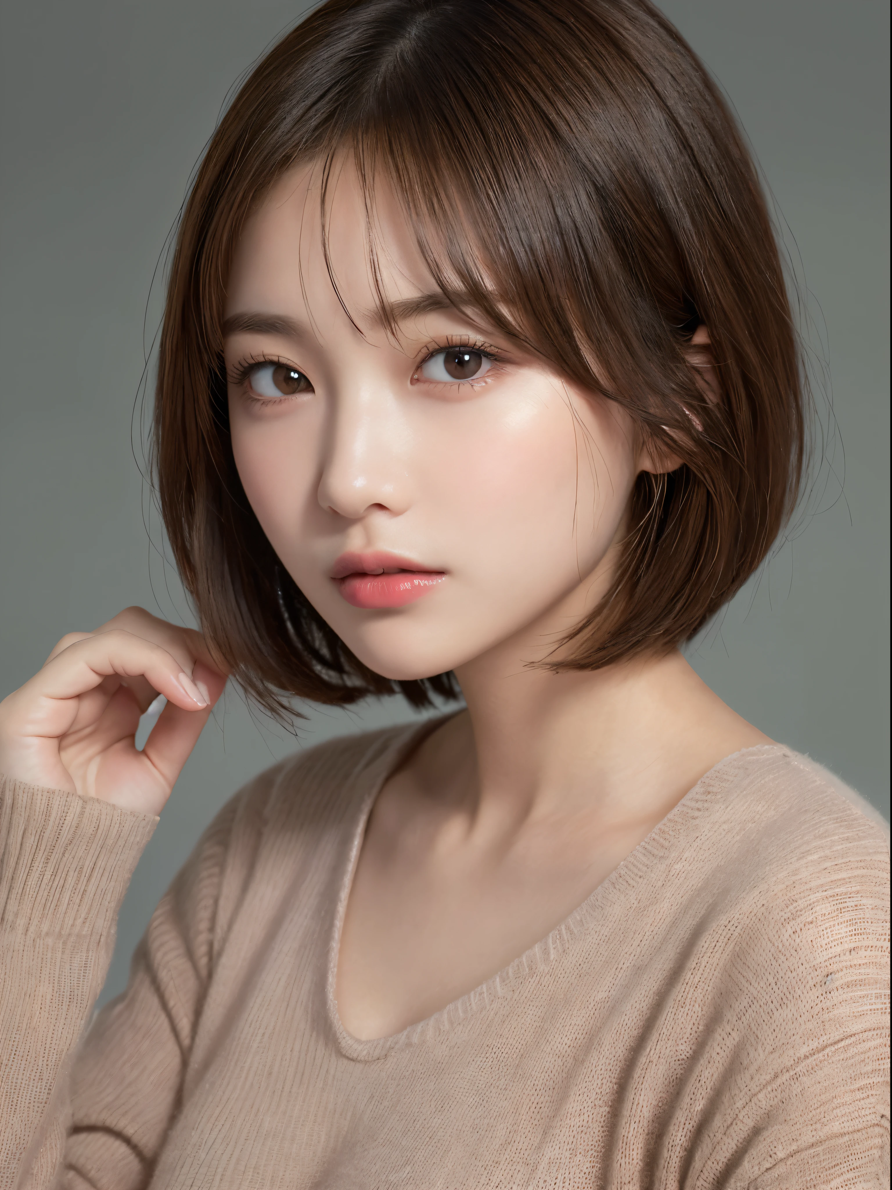 ((NSFW))、(masterpiece:1.5)、(8K)、(Photorealsitic:1.5)、Raw photography、(Top image quality:1.4)、(foco nítido:1.5)、 top-quality、masterpiece、超A high resolution、Perfect dynamic composition、 20 years old、slender、prety woman:1.4、serious facial expression、 She is wearing a pink long-sleeved knit dress..、 light brown hair、bob cuts、Glowing hair、 Super Detail Face、A detailed eye、二重まぶた、 Natural Color Lip、Transparent skin、