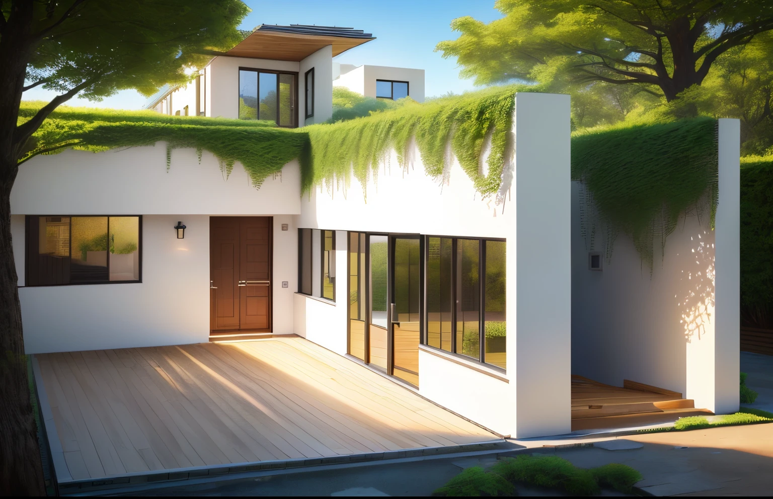 a rendering of a small white building, beautifull house, architecture, exterior, trees, plant, sky, sunshine, color wall, background for building, door