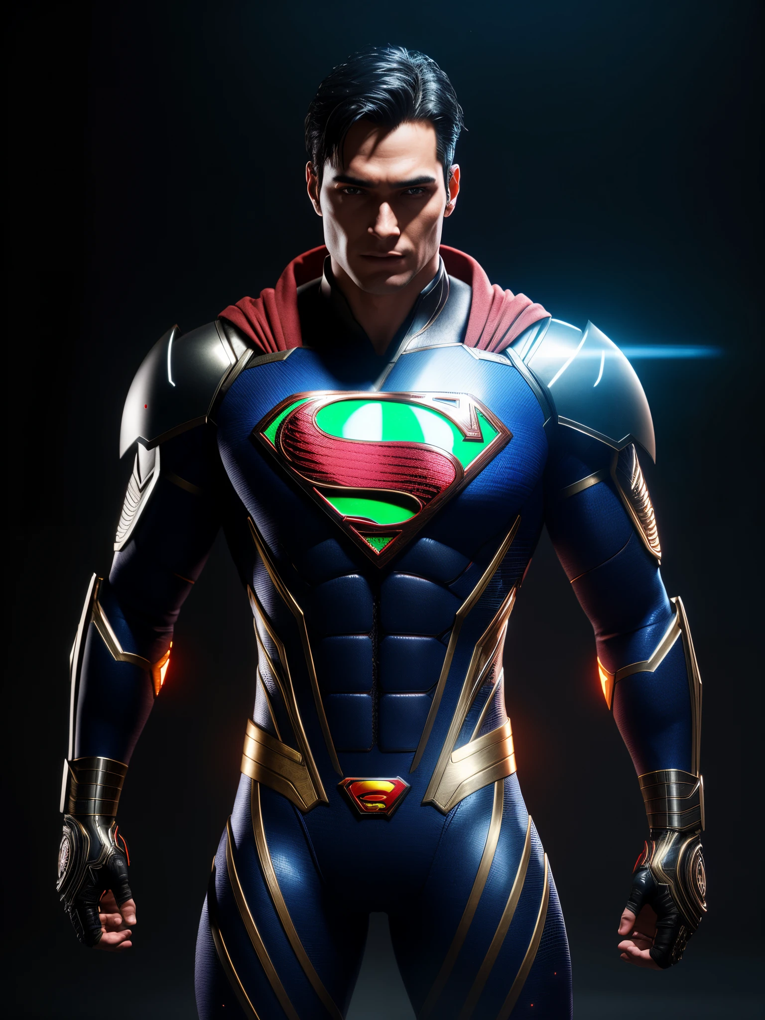 midjourny-v4 style, Professional Photoshot medium a Cyborg Superman with highly detailed intricate cybernetics outfit, highly detailed beautiful face, standing in darkness with black particles surrounded the body, proportional body shape + perfect anatomy, symetrical dynamic pose, volumetric shadow, neon glowing dust particles effect + detailed particles, full hd render + 3d octane render + unreal engine 5 graphic 4k UHD + immense detail + dramatic lighting + well lit + intricate + fine details + octane render + Ray tracing + 8k + sharp focus + high vibran contrast, in the style DCstyle, trending on ArtStation
