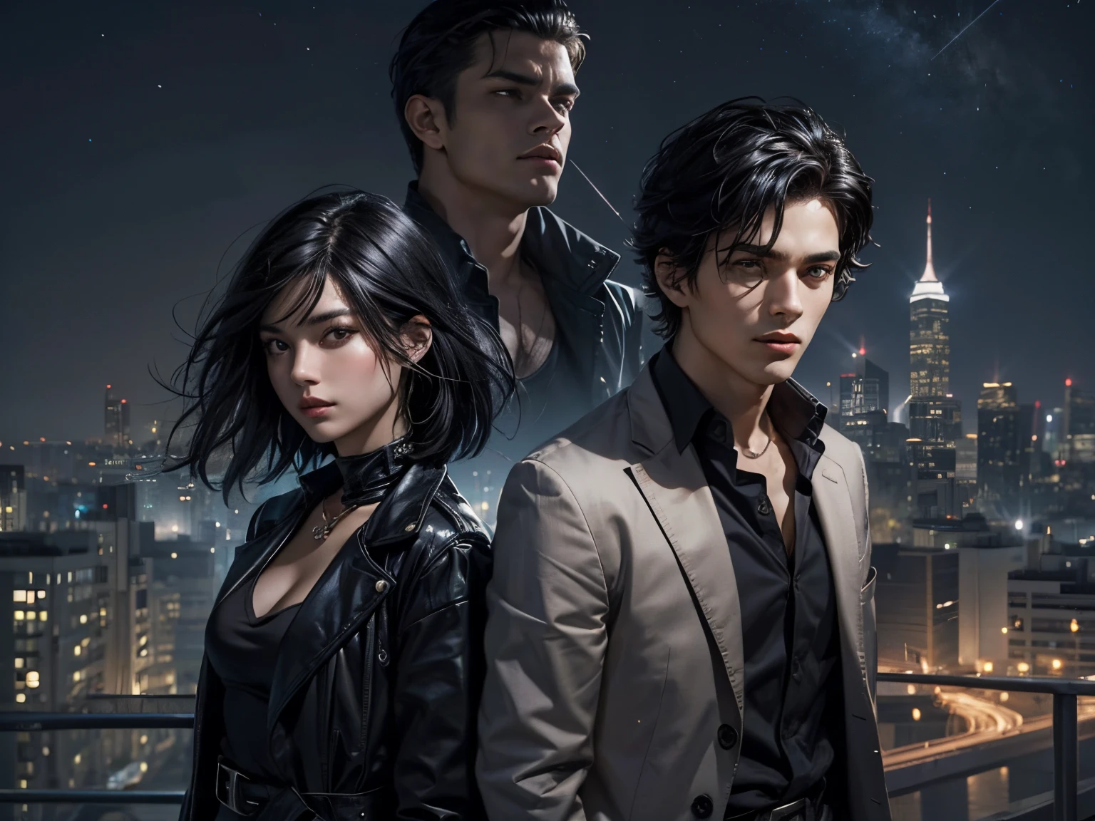 Two beautiful men and women who are about to teleport. He wears modern clothes. Bblack hair. The time is night. The location is the city.