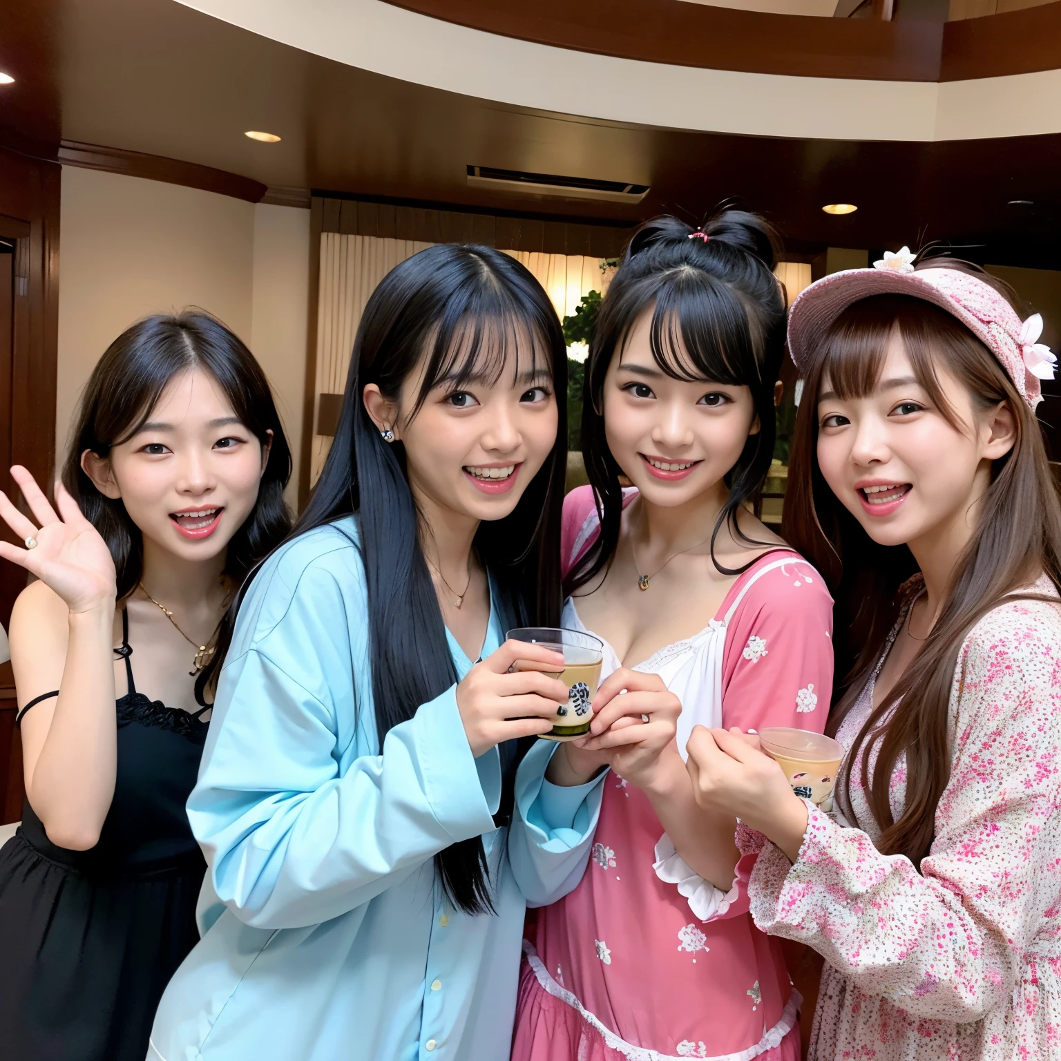 Best-quality, Masterpiece, Ultra-High-Resolution, (Photorealistic:1.4), Raw-Photo, Extremely-Details, Perfect-Anatomy,
in luxury hotel suite, detailed luxury hotel suite,
3girls, all agers, all members of the most popular Japanese idol groups, all having a lot of fun at drinking parties,
(((all high on illegal drugs and laughing out loud))),
all wearing nightwear with cute design, detailed nightwear with cute design,
all extremely cute faces like a popular Japanese idol, all extremely beautiful big black solid circle eyes, all extremely beautiful colorful hair, all extremely beautiful realistic skins,
detailed cute faces, detailed beautiful big black solid circle eyes, detailed beautiful colorful hair, detailed beautiful realistic skins