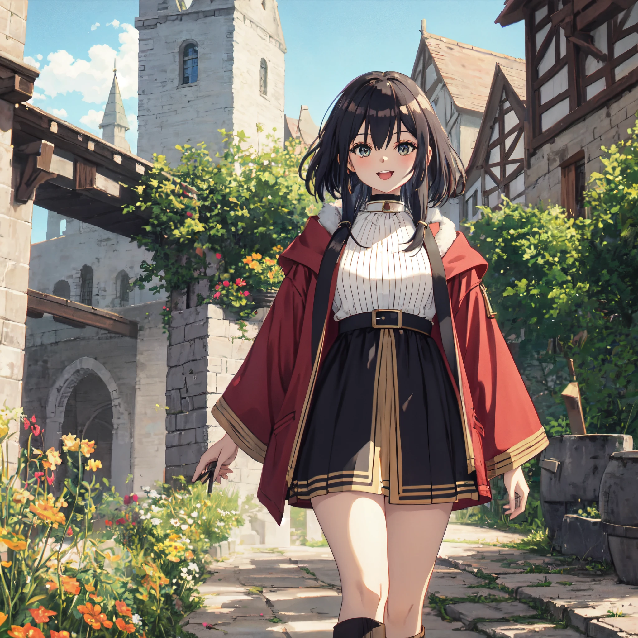 Portrait of a Solo heroic female adventurer in a medieval high fantasy ISEKAI setting, vibrant colors, upbeat tone, energetic, happy to see you, 90's, vintage feel