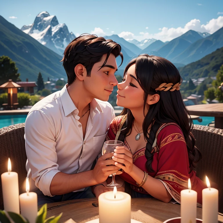 An indigenous ecuatorian couple kissing each other. They are in love. They look happy. The woman is holding a cup of wine with her hand. They are in place surrounded by mountains. There are candles all over the place.
