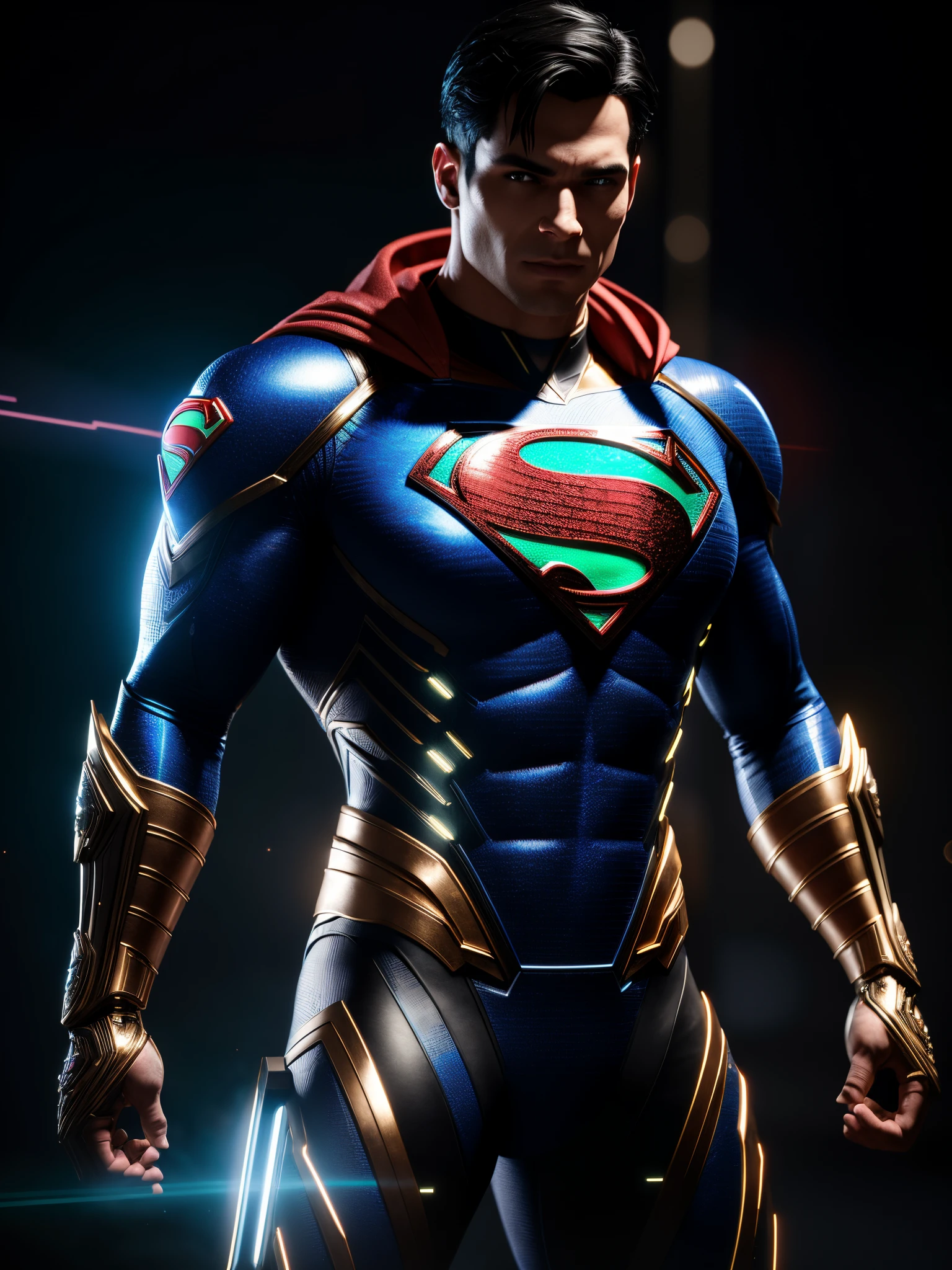 midjourny-v4 style, Professional Photoshot medium a Cyborg Superman with highly detailed intricate cybernetics outfit, highly detailed beautiful face, standing in darkness with black particles surrounded the body, proportional body shape + perfect anatomy, symetrical dynamic pose, volumetric shadow, neon glowing dust particles effect + detailed particles, full hd render + 3d octane render + unreal engine 5 graphic 4k UHD + immense detail + dramatic lighting + well lit + intricate + fine details + octane render + Ray tracing + 8k + sharp focus + high vibran contrast, in the style DCstyle, trending on ArtStation