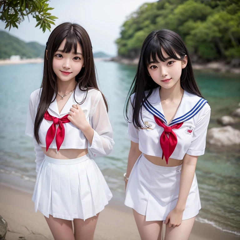 japanese beauty girl、(clear eyes:1.3)、Very Beautiful Little Girl、A cute and smiling girl's face、 16-year-old female model,(Super cute face in idol style:1.2), 8K、Pattsun bangs、A dark-haired、semi long hair、Middle hair、Straight hair、private beach、genitals are smooth、Realistic expression of private parts、Beautiful and well-balanced breasts、Beautiful style with slim and amazing full body details、a sailor suit、The skirt was taken with a shorter length.、hightquality、masterpiece、ultra res、