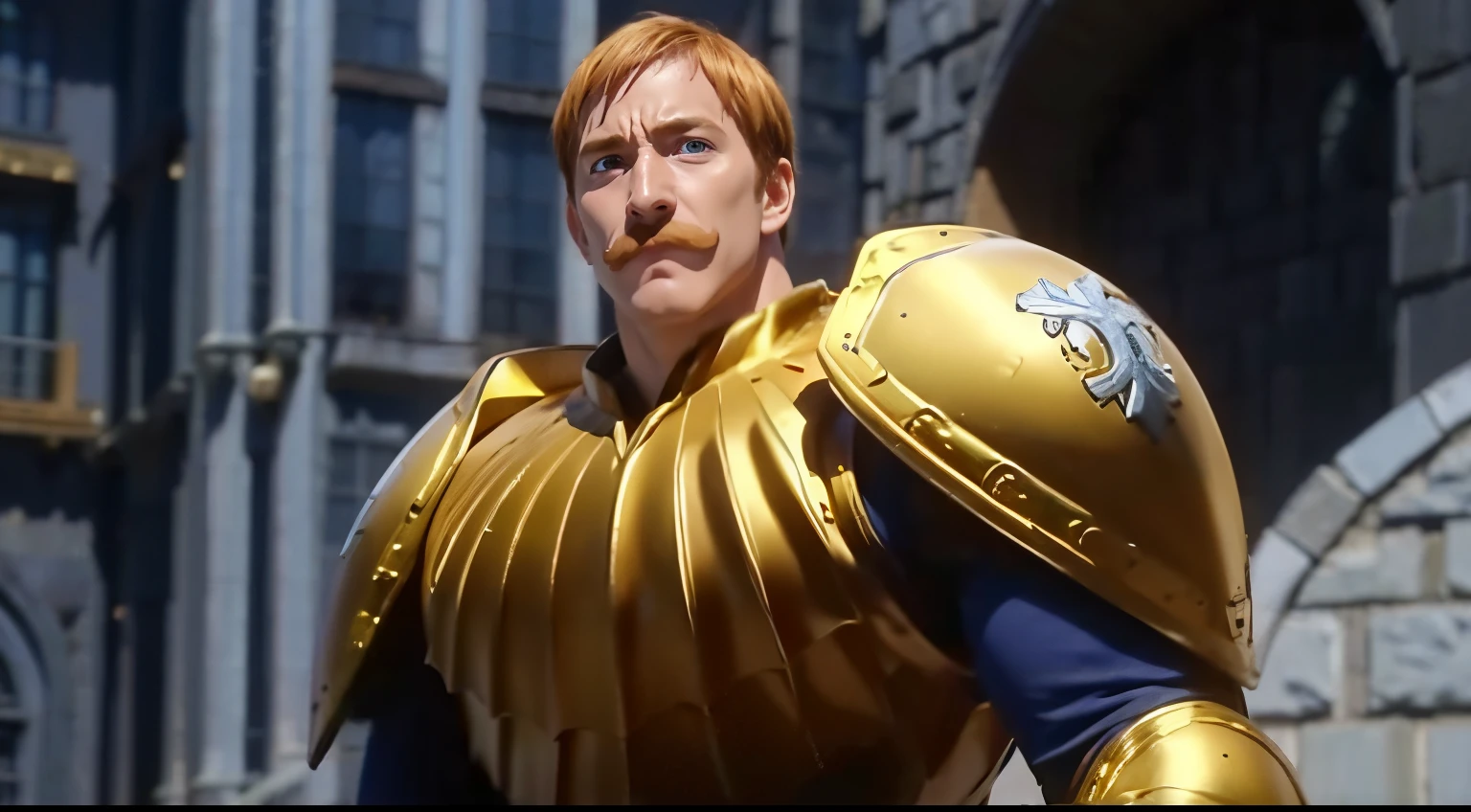 escanor, gold armor, full body armor, upper body, detailed eyes, detailed face, solo, 1boy, realistic