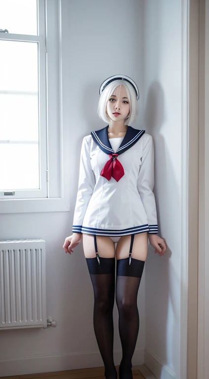 White-haired beauty,a sailor suit,black lence stockings,whole body display