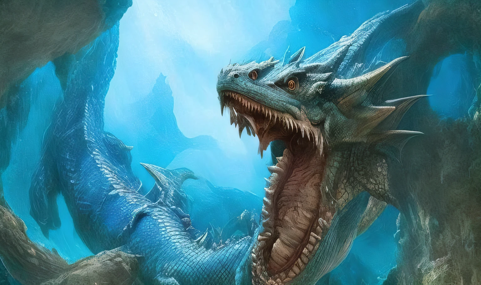 Close-up of dragon opening its mouth in cave, serpentine, blue scale dragon, sea serpent, water dragon, jormungander, underwater sea monster, Blue dragon, leviathan, the great leviathan, sea monster, underwater leviathan, Hiryu, monster hunter monster, scary sea monster, long wall art, Dragon-like, epic dragon