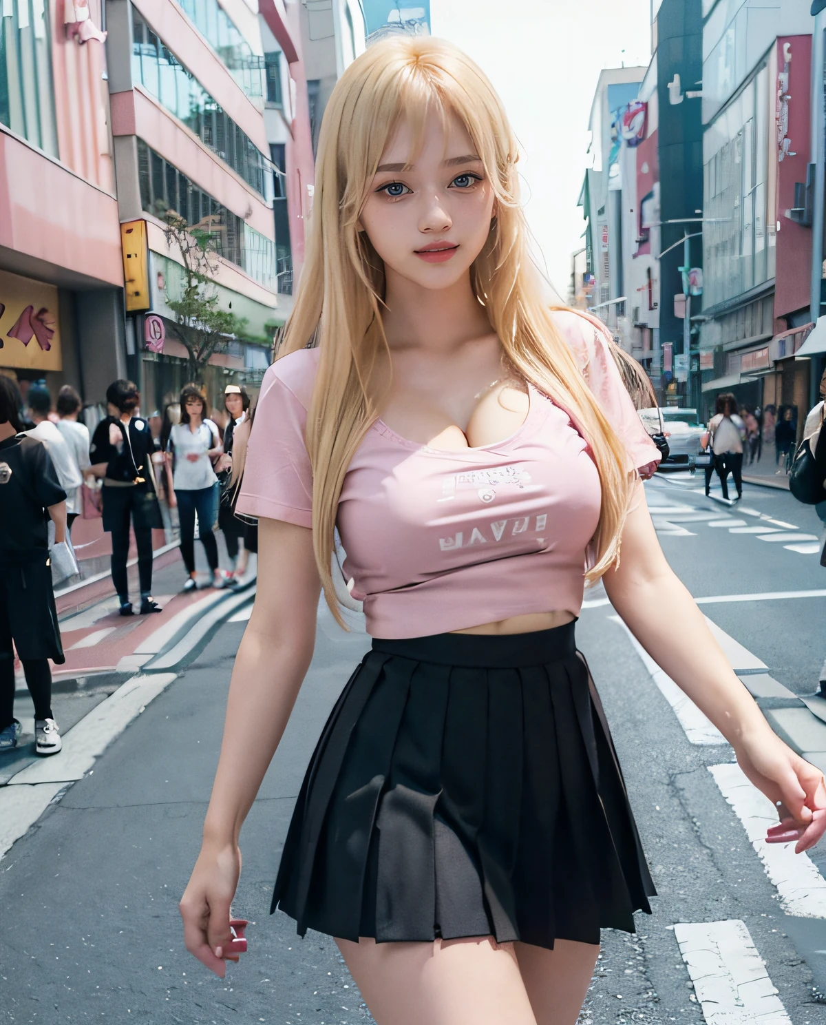 1girl, (Blue Eyes), smiling, (Sana Minatozaki), wide hips, Big Boobs, big ass, (Best Quality, 8k, Masterpiece: 1.3), Clear Focus: 1.2, Perfect Body Beauty: 1.4, Slender Abs: 1.2, Highly detailed face and skin texture, detailed eyes, double eyelids, (blonde long hair), (pink cute blazer), (black dress shirt), (black skirt), (high heels), (nerd glasses), sexy secretary, cute standing, at shibuya crossing, many people in the background