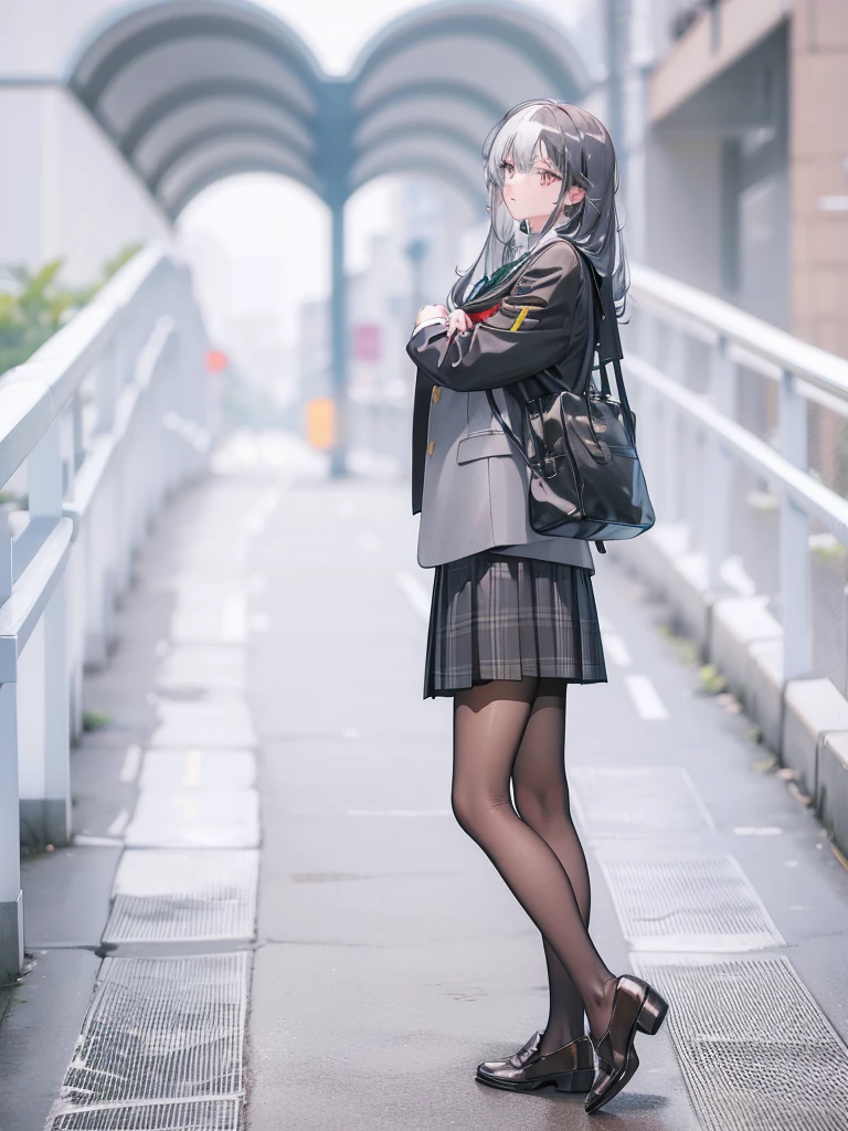 long white hair,JK school uniform,Black pantyhose and leather shoes,Look sideways at the audience