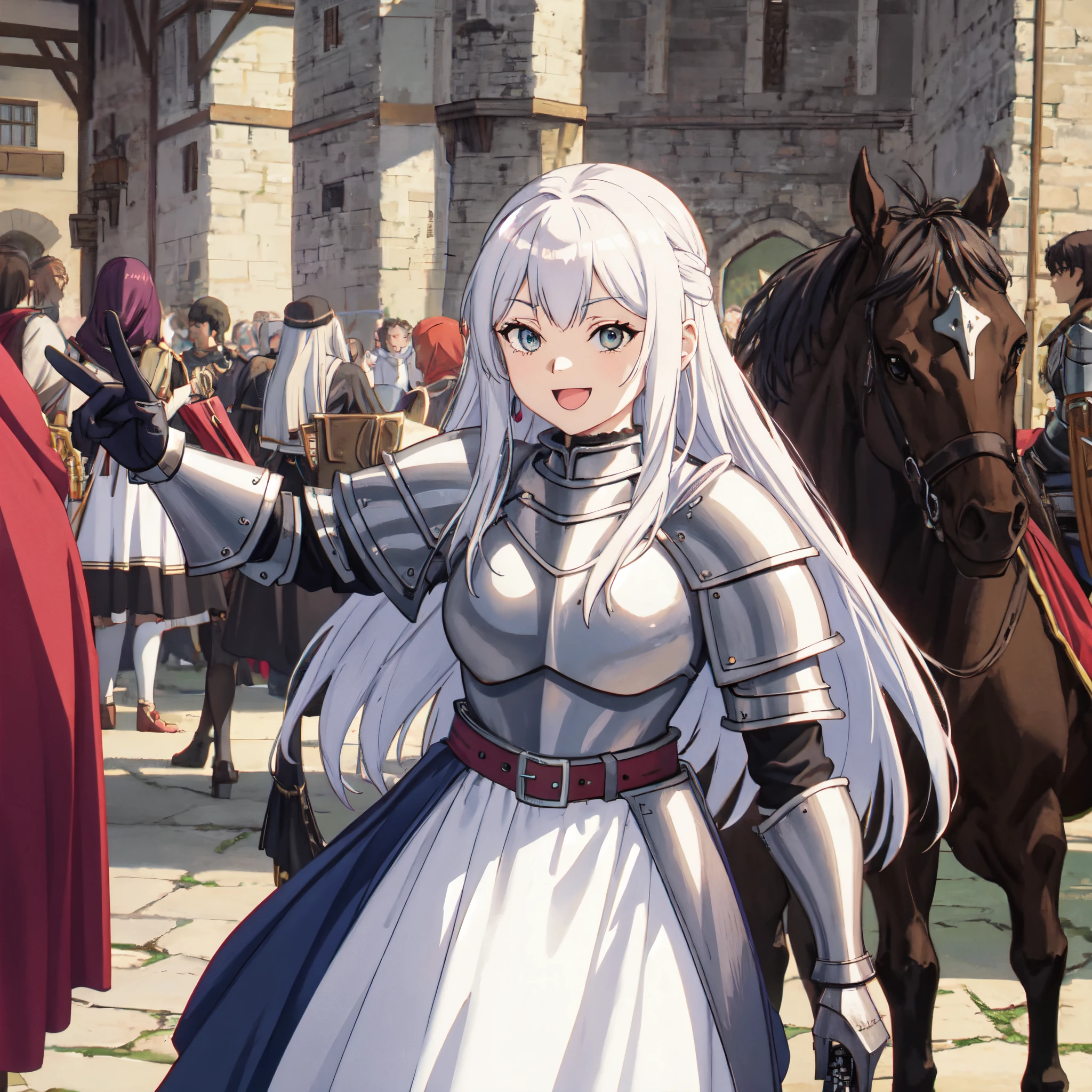 Portrait of a solo smug female knight wearing a beautiful dress mixed with steel knight armor in a medieval high fantasy ISEKAI setting, vibrant colors, upbeat tone, energetic, happy to see you, 90's, vintage feel