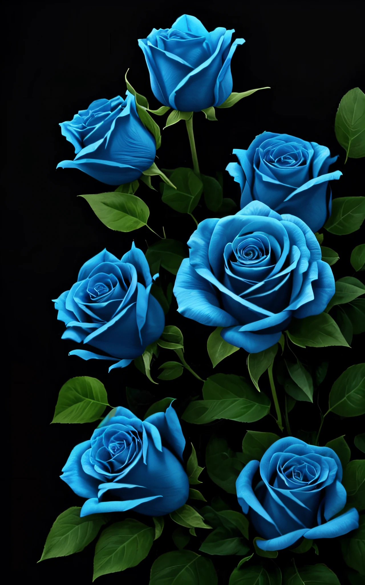 Close up of green leaves and blue rose on black background, Blue roses rendering, neon flowers, a glowing neon flower, a glowing flower, red neon roses, Blue Rose, Luminescent plants, Luminous flowers, with glowing blue lights, Blue - petals, Glowing blue, traced lighting path, glowing plants, Bioluminescent plants, Blue Neon