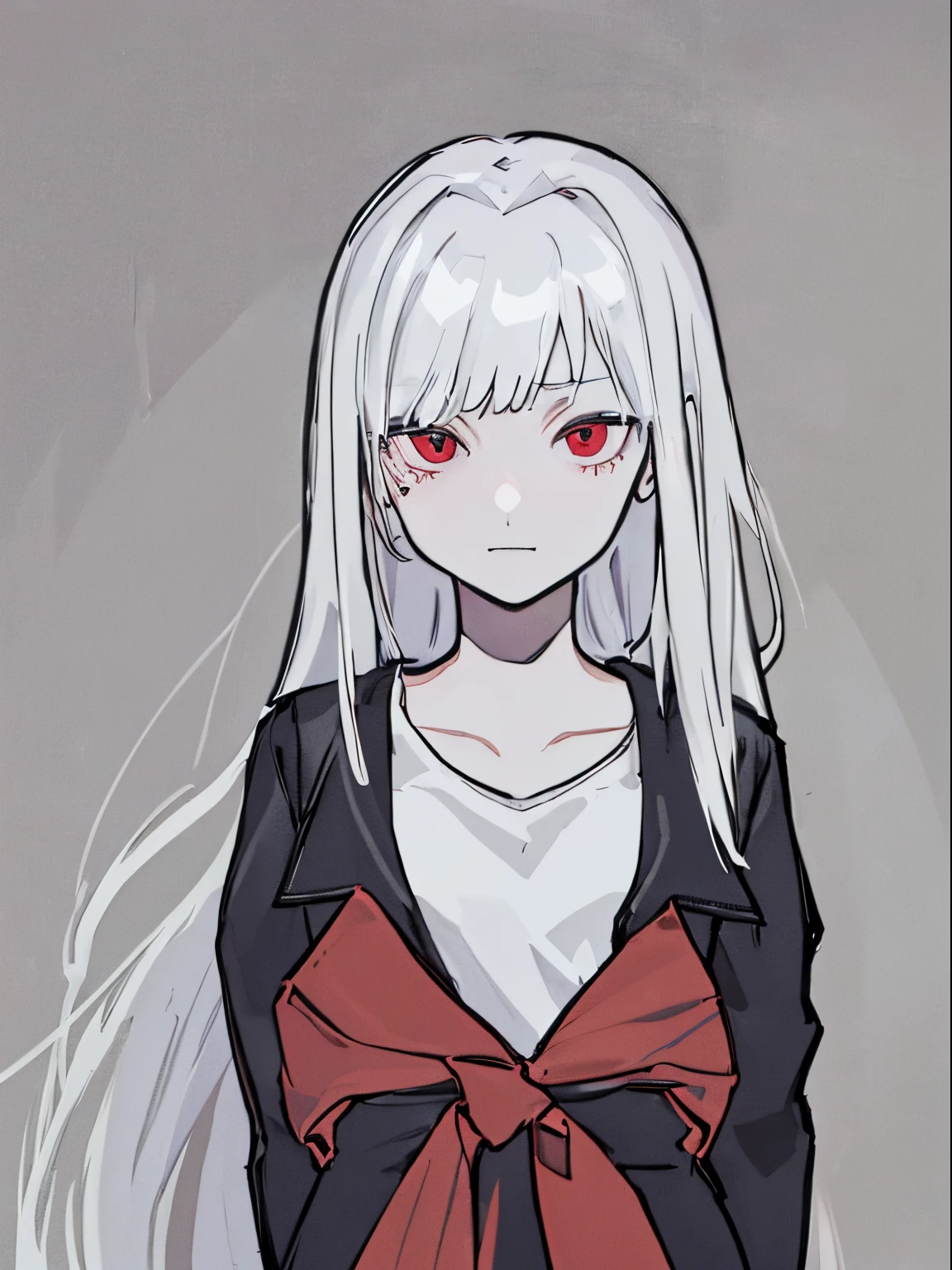 style of painting,(empty background),((Flat chest)),(Front Portrait), (Black and whature Women,((Microthorax)),(High cold),Hey, hey, smile,monochrome, blank stare, dead fish eyes, cool beauty,half lidded eyes, indifferent expression, black and white portrait, bored, impassive, loner,(Alone),Wispy bangs,Textured straight,Above the waist,((White Hair)),(Red Pupil),((White Shirt)),Shirt,Wispy bangs