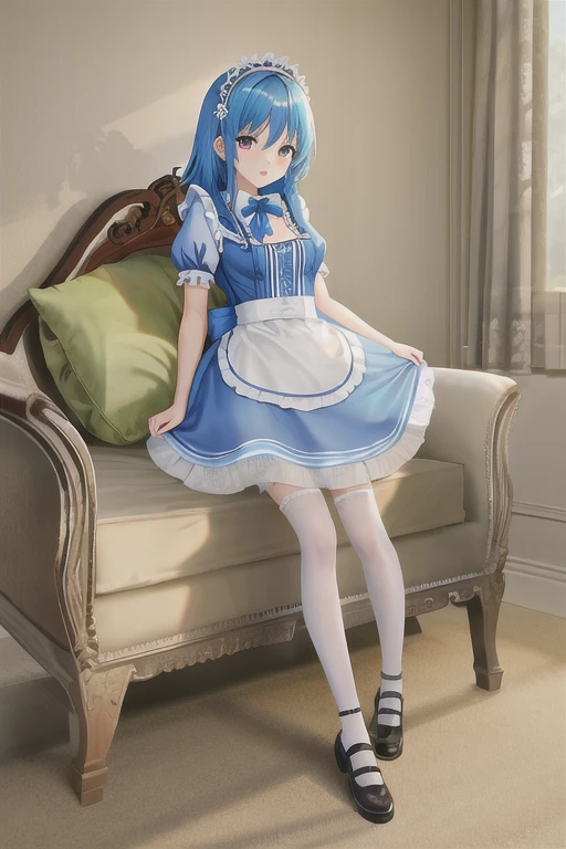 Araffe vestida com uma peruca azul e vestido branco, sentada em uma cama, Alice de Alice na Terra das Maravilhas, like alice in wonderland, gorgeous maid, alice in wonderland style, Alice, vestindo uniforme de empregada, roupa de empregada, inspirado em Alice Prin, de um gato! maid! vestir, she has pale blue skin!!!, maid, alice in wonderland theme