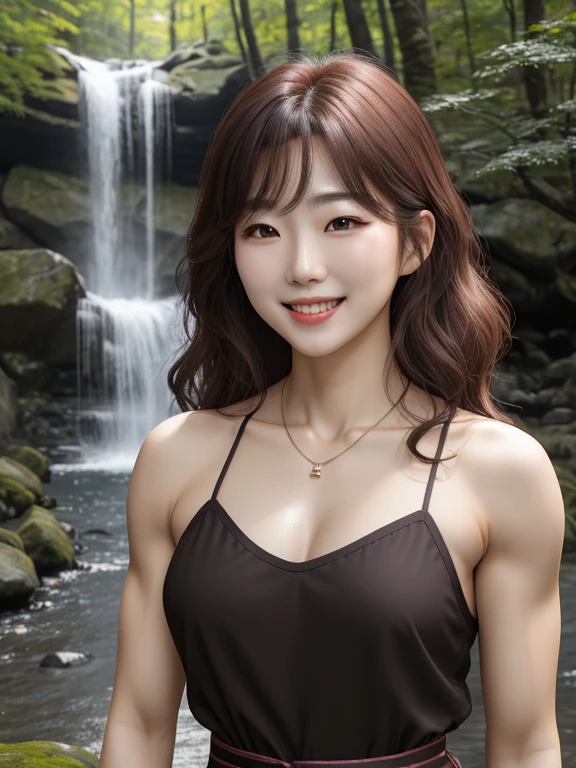 attractive korean woman, ripped muscle, muscular body, small breast, pale skin, smile(blush), chemise, thin necklace, sixpack abs, [ultra detailed skin:1.2], brown hair, wavy hair, 8k uhd, full body, crowd, public, forest, waterfall, standing,