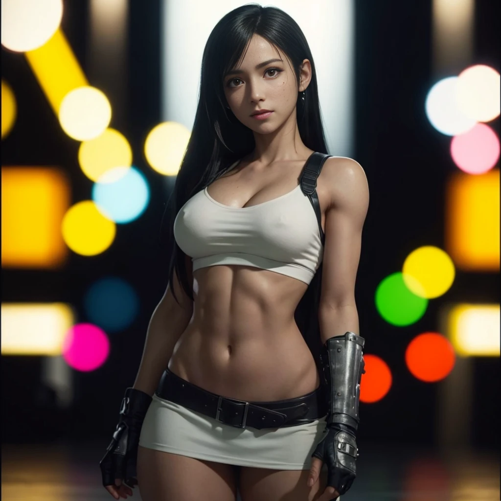 (best quality,ultra-detalhado),(Realistic:1.37),Tifa Lockhart, Rosto bonito e detalhado, maquiagem preta nos olhos, textura ultra realista, rosto delicado, corpo delicado, Fit physique, expression happy