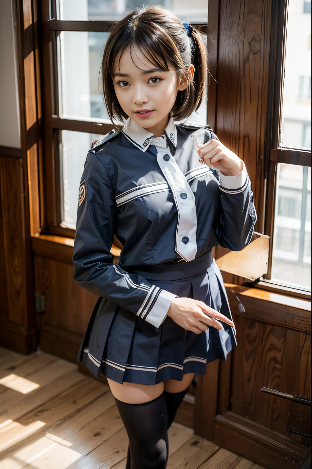 Ronye Arabel, short hair, blue eyes, RonyeUniform, long sleeves, school uniform, grey skirt, black thighhighs