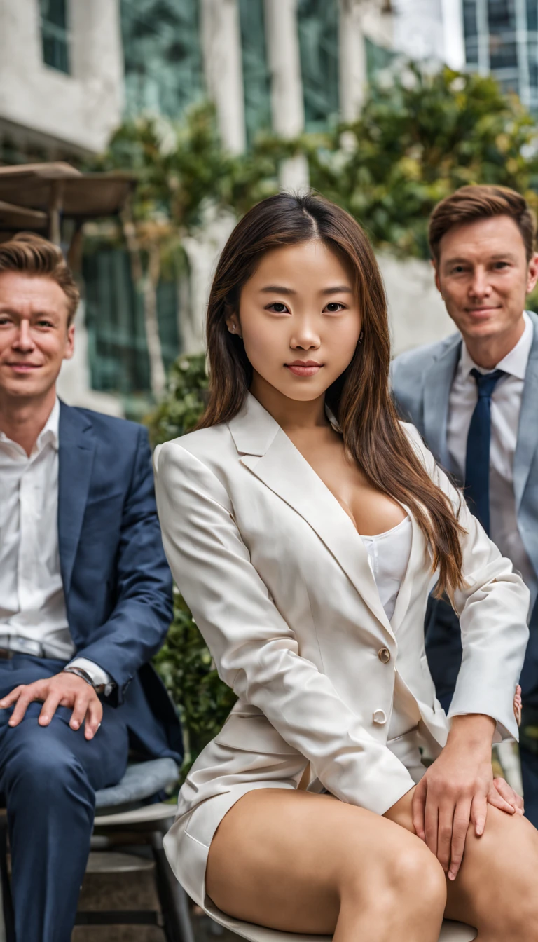 Portrait Photo a portrait, hyperdetailed full body photography, los angeles, brunette haired naked college student young athletic asian girl with thick thighs and boobs sitting on her knees with 10 white men in business suits standing around her