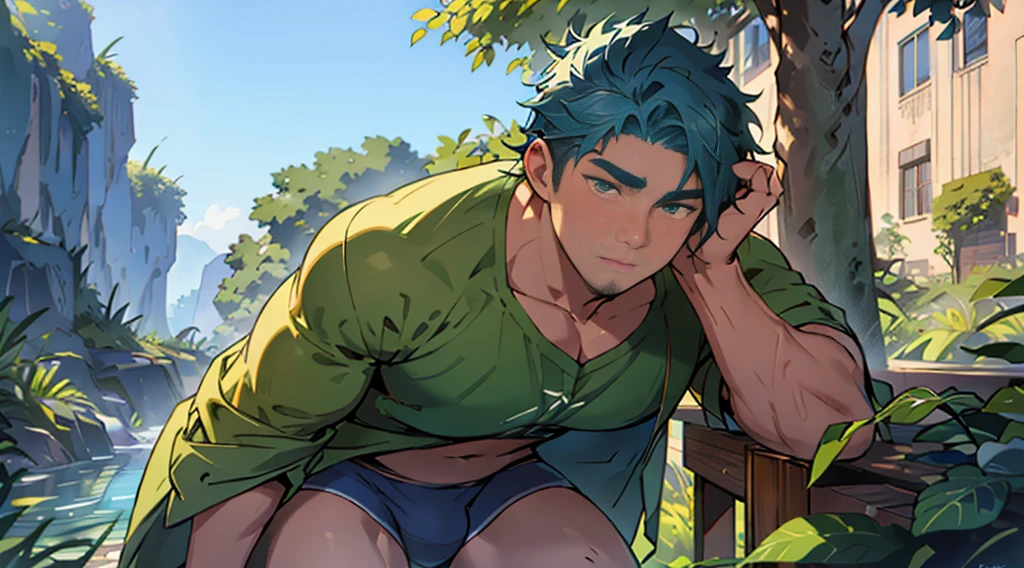 score_9, score_8_up, score_7_up, rating_explicit, source_anime, Mohawk, Shoulder Strip Thong String , lying, blue eyes, sexy pose, spread legs, transparent fabric, wet, lake, forest, Shrubs