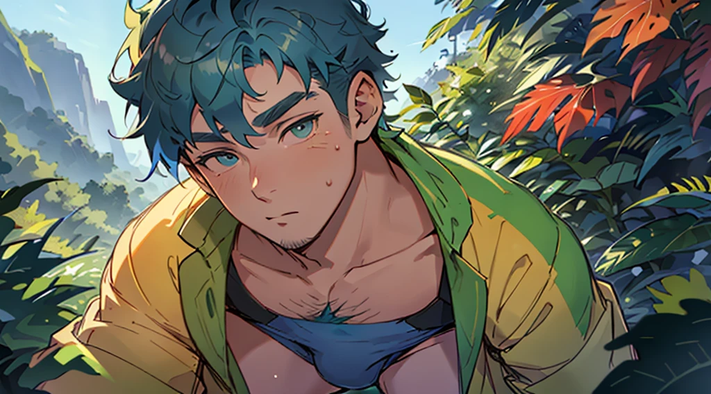 A man with blue hair and blue underwear, outside in a 16:9 format, in the highest quality possible (best quality, 4k, 8k, highres, masterpiece:1.2). The man has vibrant, detailed eyes and beautiful detailed lips, with long eyelashes. His facial features are extremely detailed and realistic. He is standing against a picturesque outdoor background, with a clear blue sky and green scenery. The lighting is natural and soft, beautifully illuminating the man's features. The style of the artwork is a mix of concept art and photography. The color palette is dominated by a cool, soothing range of blues and greens, creating a harmonious and refreshing atmosphere.