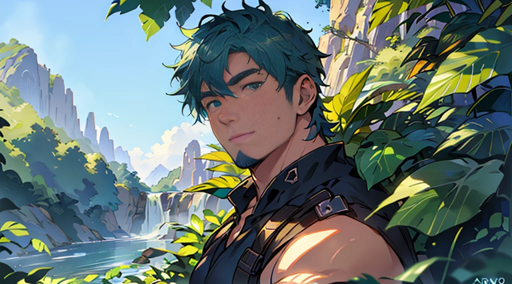 A man with blue hair and blue underwear, outside in a 16:9 format, in the highest quality possible (best quality, 4k, 8k, highres, masterpiece:1.2). The man has vibrant, detailed eyes and beautiful detailed lips, with long eyelashes. His facial features are extremely detailed and realistic. He is standing against a picturesque outdoor background, with a clear blue sky and green scenery. The lighting is natural and soft, beautifully illuminating the man's features. The style of the artwork is a mix of concept art and photography. The color palette is dominated by a cool, soothing range of blues and greens, creating a harmonious and refreshing atmosphere.