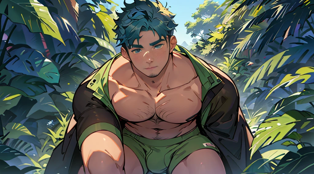 A man with blue hair and blue underwear, outside in a 16:9 format, in the highest quality possible (best quality, 4k, 8k, highres, masterpiece:1.2). The man has vibrant, detailed eyes and beautiful detailed lips, with long eyelashes. His facial features are extremely detailed and realistic. He is standing against a picturesque outdoor background, with a clear blue sky and green scenery. The lighting is natural and soft, beautifully illuminating the man's features. The style of the artwork is a mix of concept art and photography. The color palette is dominated by a cool, soothing range of blues and greens, creating a harmonious and refreshing atmosphere.