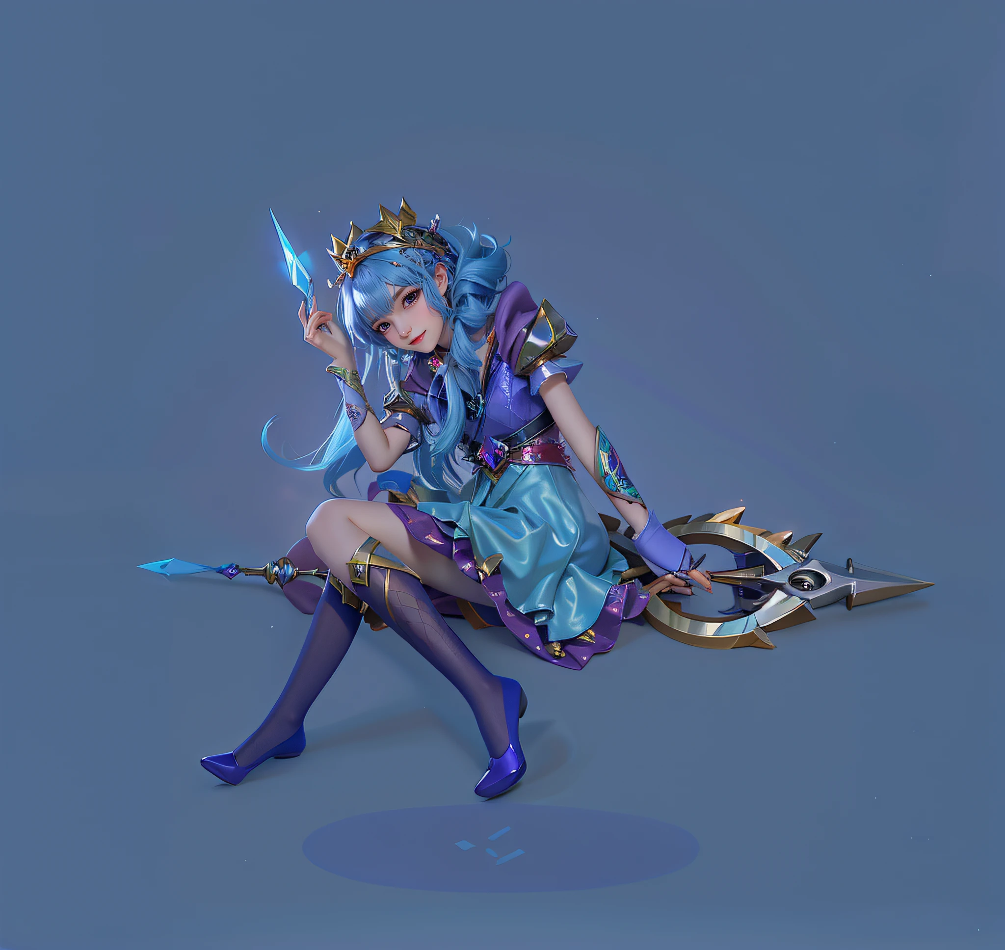 Loli sitting on scissors，Dressed in gorgeous costumes，put the crown on your head，wearing silk stockings，League of Legends Gwen， fantasy art style, League of Legends style, Drawn in mysterious style,