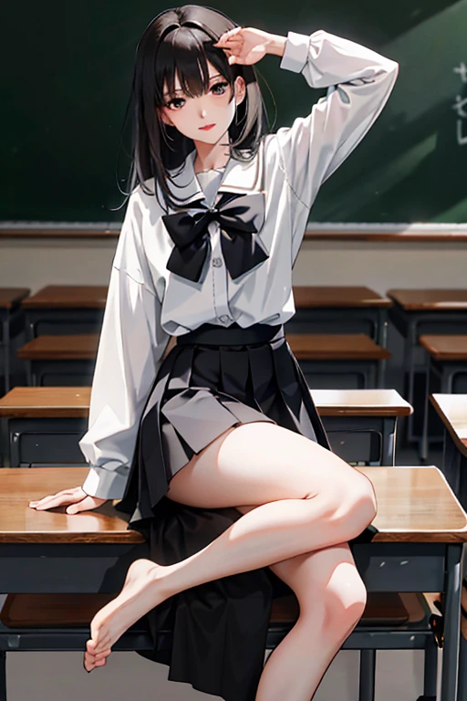 (ray tracing:0.3), (shiny skin),(masterpiece, best quality, amazing quality), perfect composition, 1girl, solo focus, full body, very long silver hair, red eyes, flat chest, black halo above head, smiling, school uniform, inside classroom