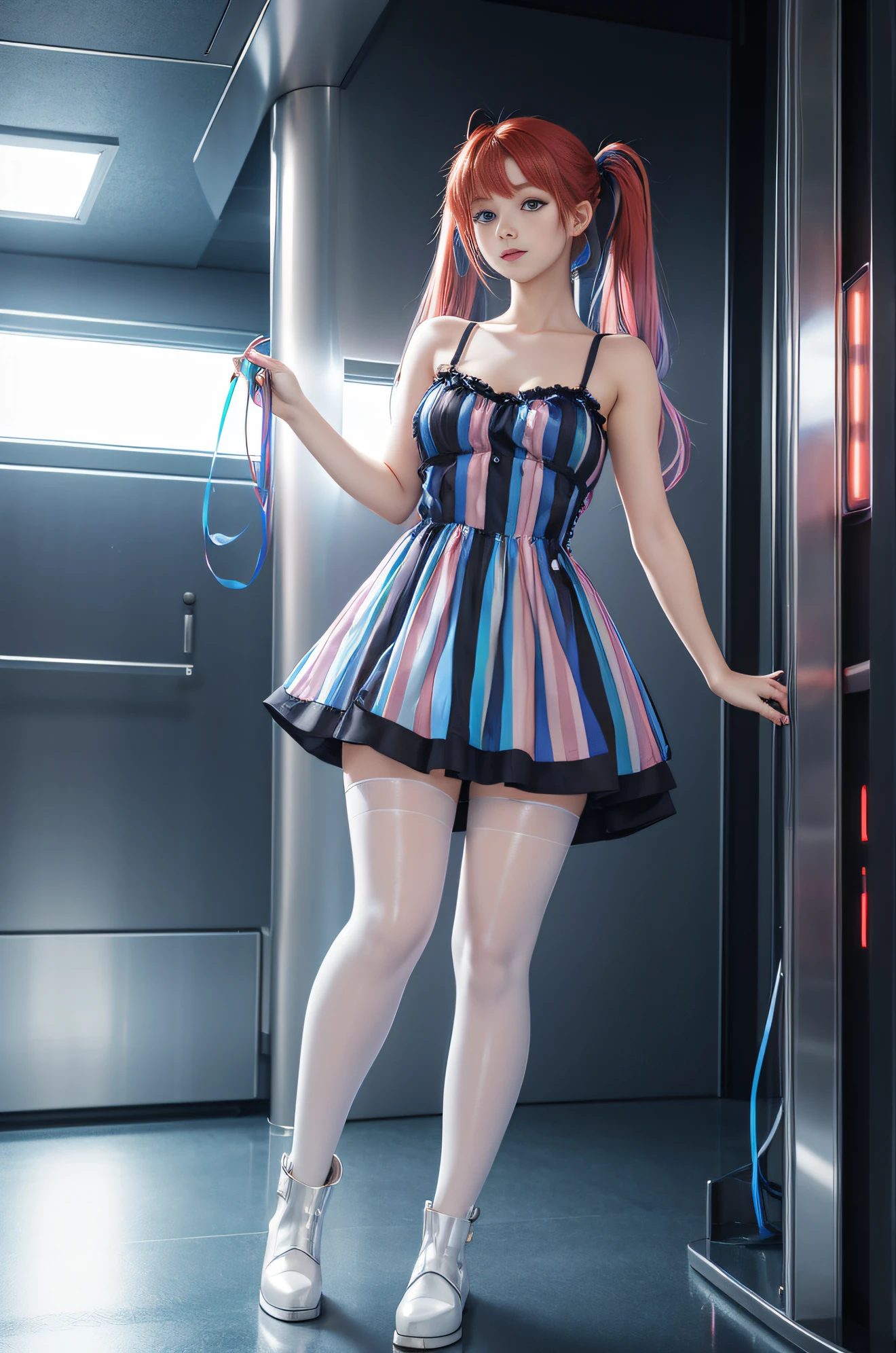 cute redhead with rainbow colored hair tips, ribbons in her hair, 18-year-old woman, happy, in twin tails, perfect symmetrical eyes, clear sparkling blue eyes, pale skin, silky smooth skin, standing on a fancy metal luxurious space ship, futuristic corridor, dark warm lighting, wearing a futuristic chemise over tank top and a pleated (chemise) mini dress (pastel colors, led lights and stripes), wearing full body pantyhose, cute short cut booties.