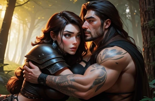 Homem e uma mulher se beijando, homem de cabelo loiro e longo, olhos azuis, peitoral gigante, corpo forte, Corpo com muita veia, armadura de viking, espada gigantesca, Mulher de cabelo curto e preto, olhos verdes, mid chest, sexy, curvas apontadas, Corpo sensual, roupa da pano, medieval setting, imagem HD, Imagem limpa, Imagem 4k, alta resolução, obra prima, manga art