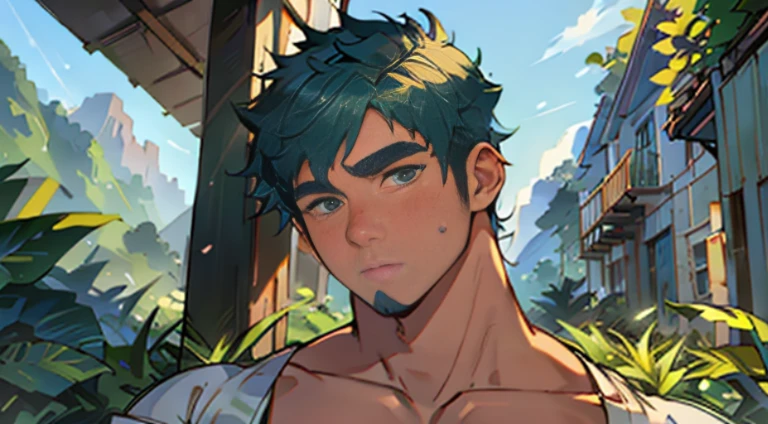 joven, semidesnudo, cuerpo completo, much pubic hair, muy musculoso, piel muy bronceada, (cabello muy negro corto y recortado, barba, beard, patillas, cejas gruesas, expresivos ojos felices, ojos verdes, ojos muy grandes, Apariencia masculina, vello facial, vello corporal, axilas peludas, Solo para hombres, Joven musculoso, piel bronceada, 20 years, gay, bonita sonrisa, Una sonrisa viva , colmillos afilados, piel bronceada, aire caliente, guapo, gay, yaoi, Vestido con shorts negros, 1 piercing en la parte superior de la oreja, bien iluminado, luz solar, Inside a Japanese onsen by day, Japanese Bamboo , Traditional Japanese scenery.